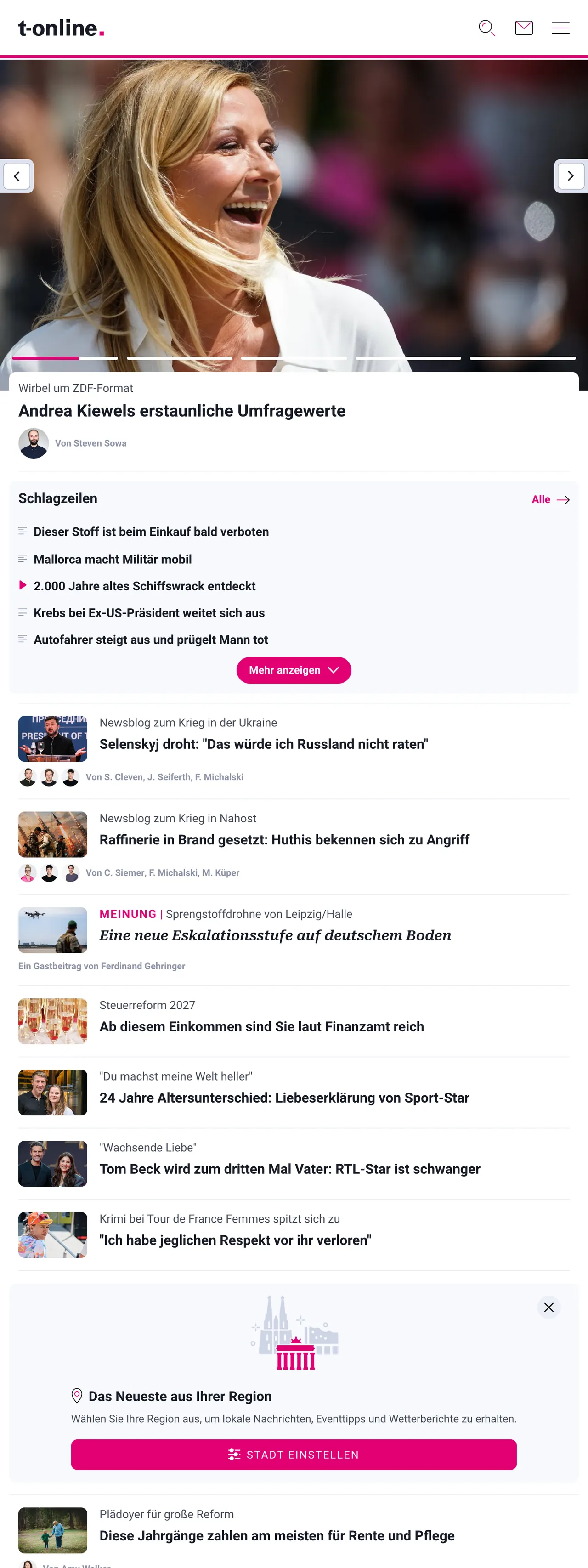 Screenshot of the t-online front page