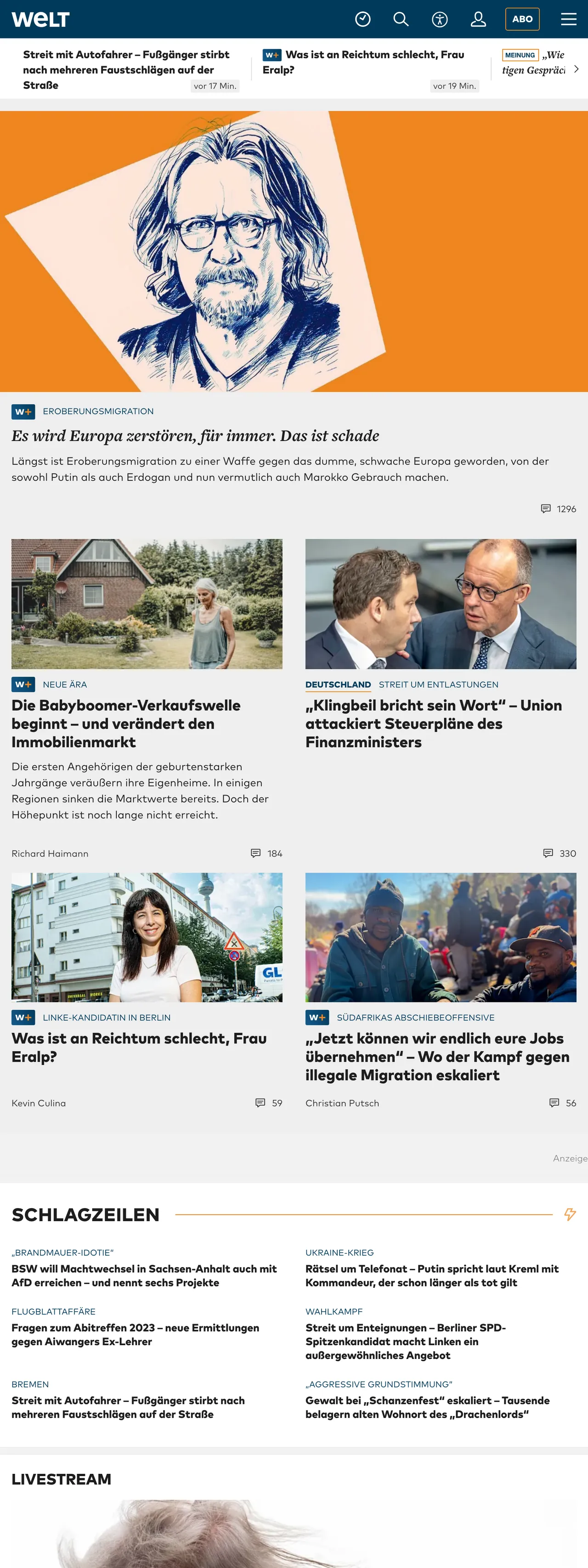 Screenshot of the WELT front page