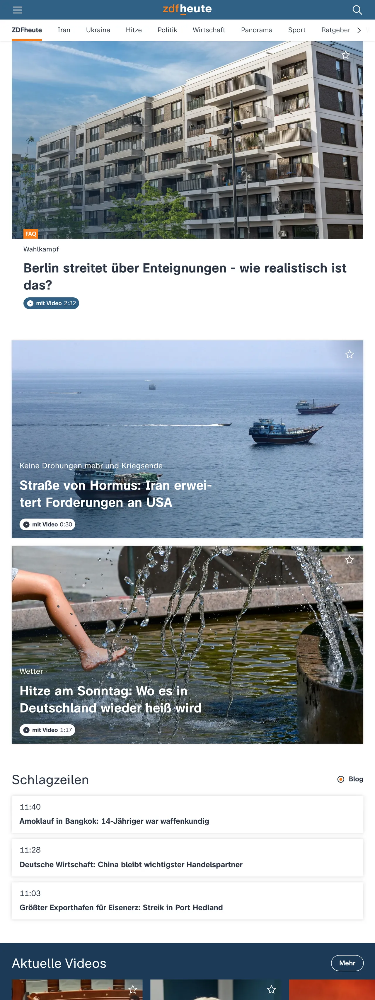 Screenshot of the ZDFheute front page