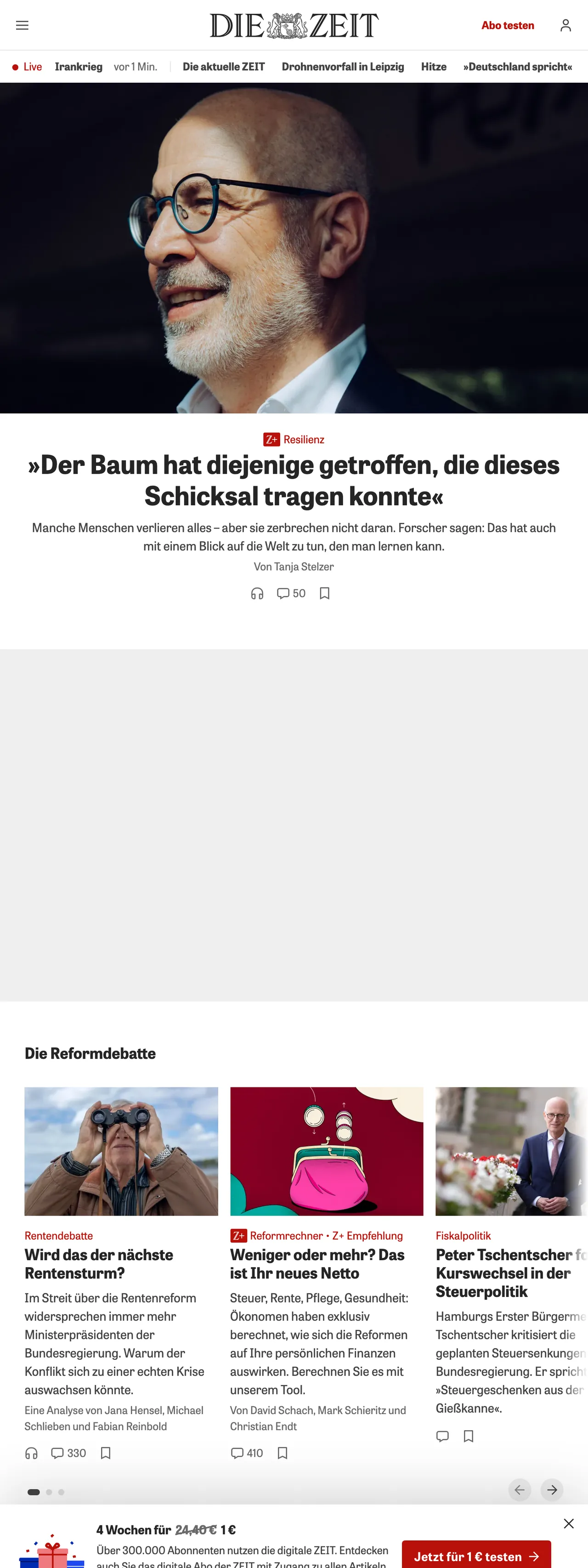 Screenshot of the ZEIT ONLINE front page