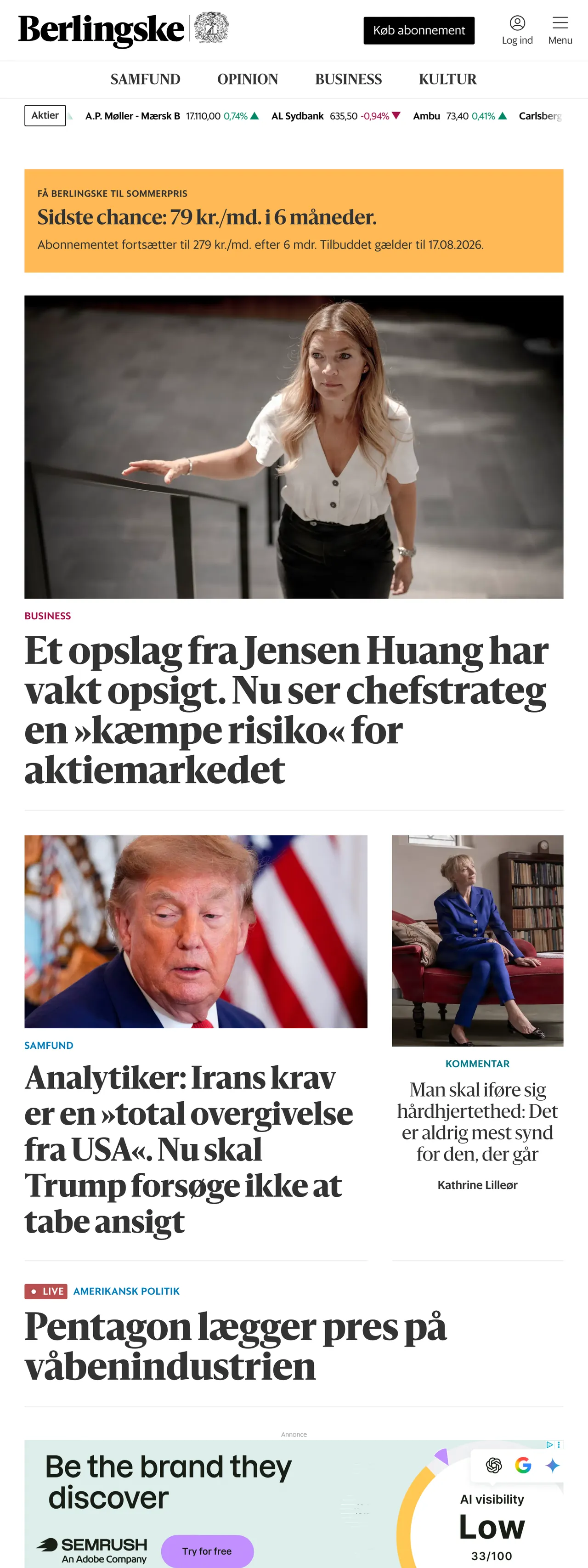 Screenshot of the Berlingske front page