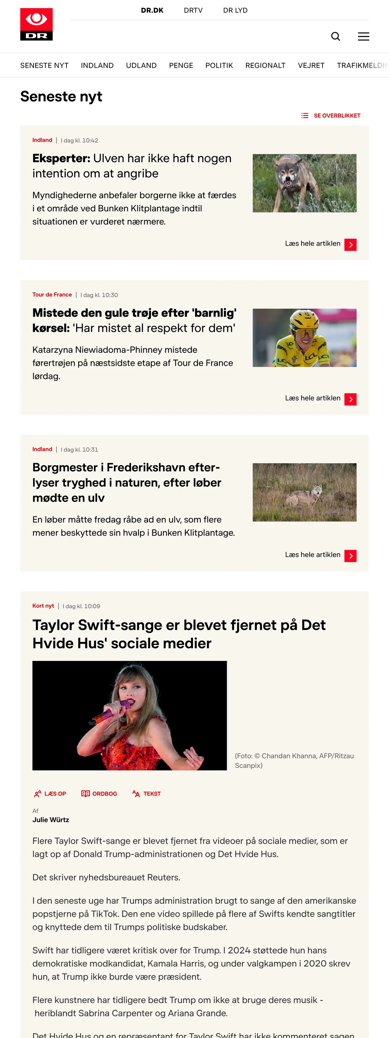 Screenshot of the DR front page