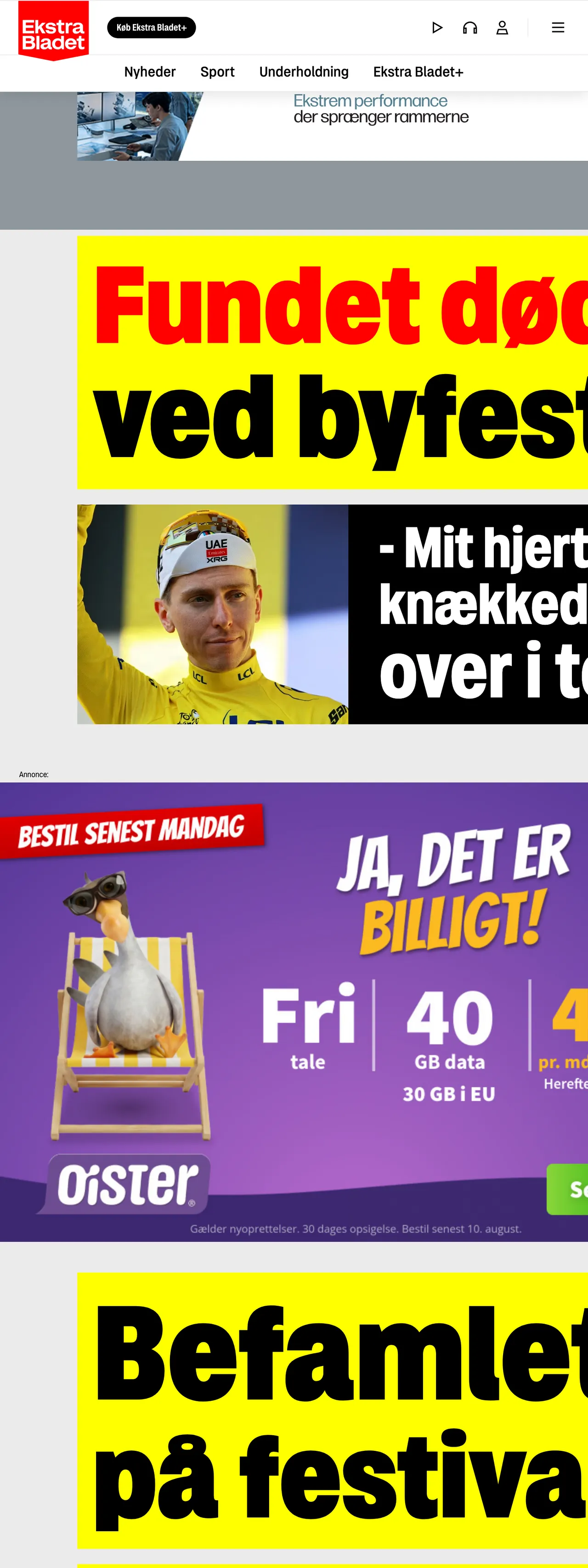 Screenshot of the Ekstra Bladet front page