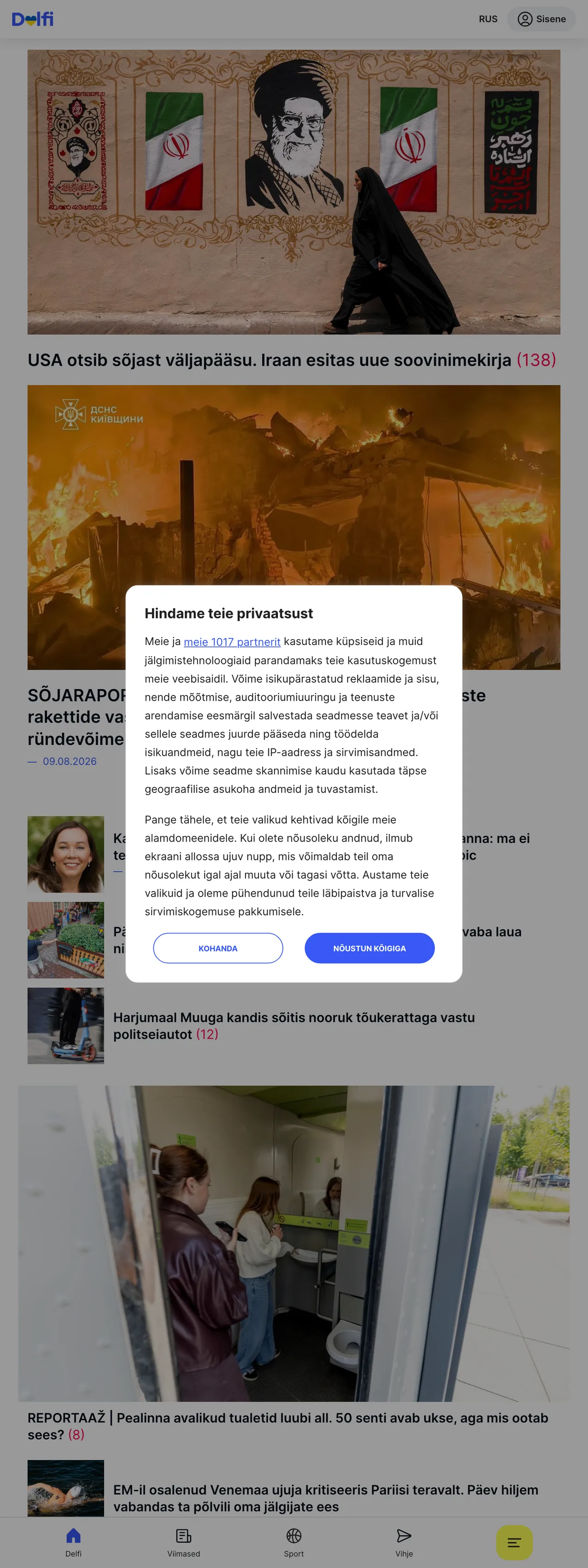 Screenshot of the Delfi front page