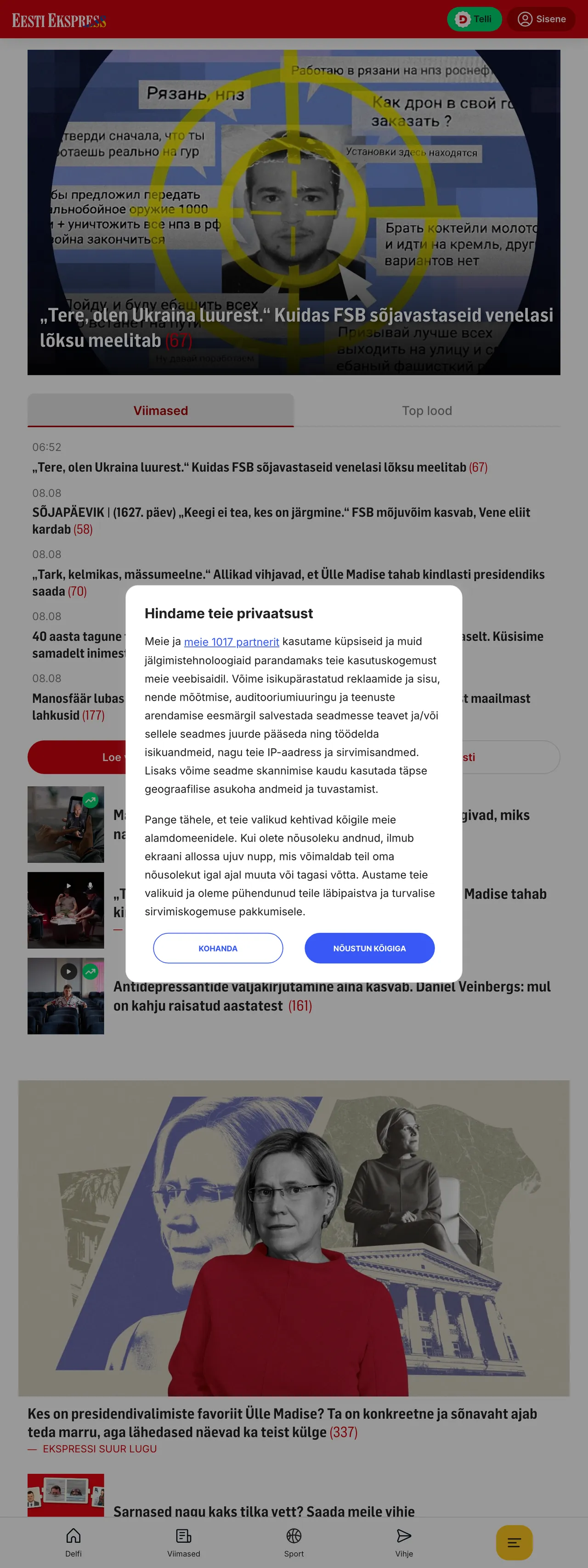Screenshot of the Eesti Ekspress front page