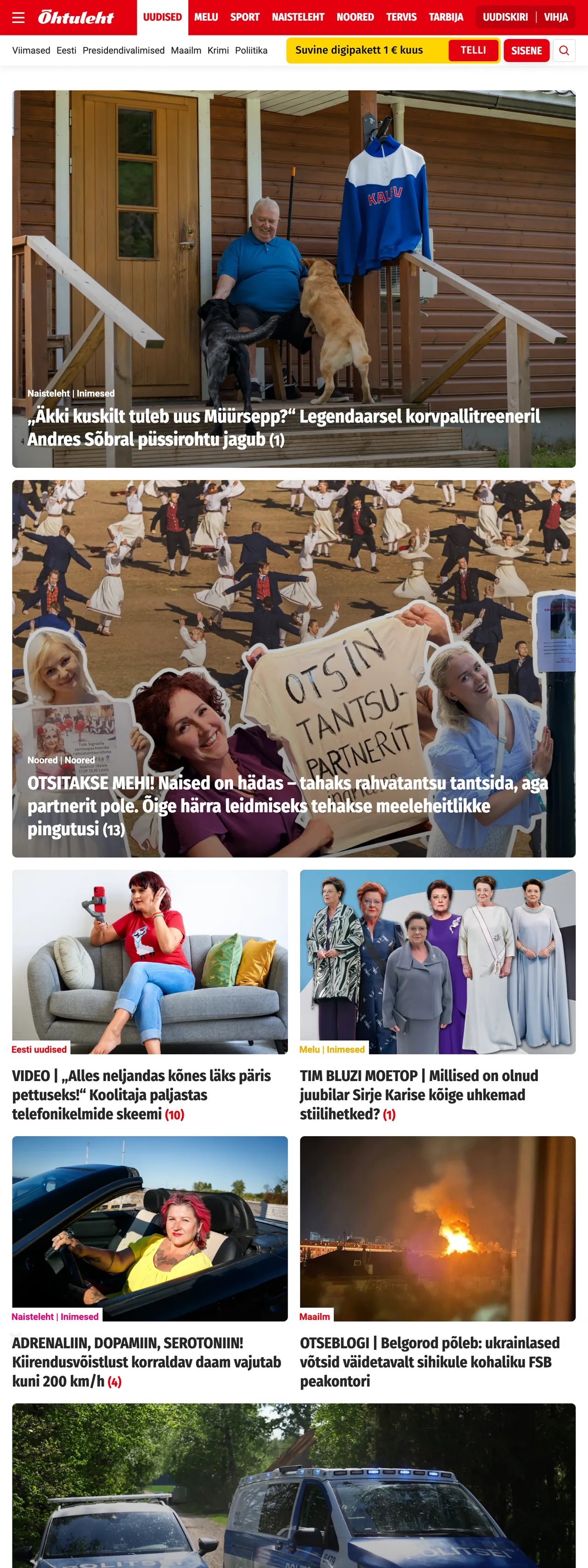 Screenshot of the Õhtuleht front page