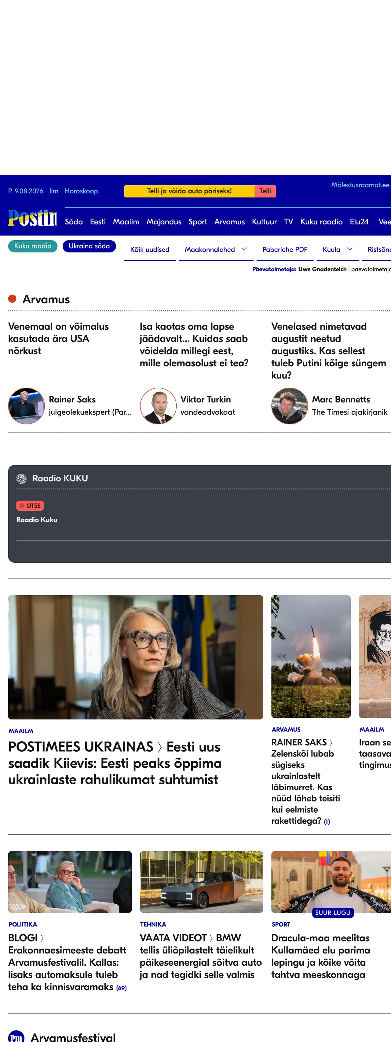 Screenshot of the Postimees front page