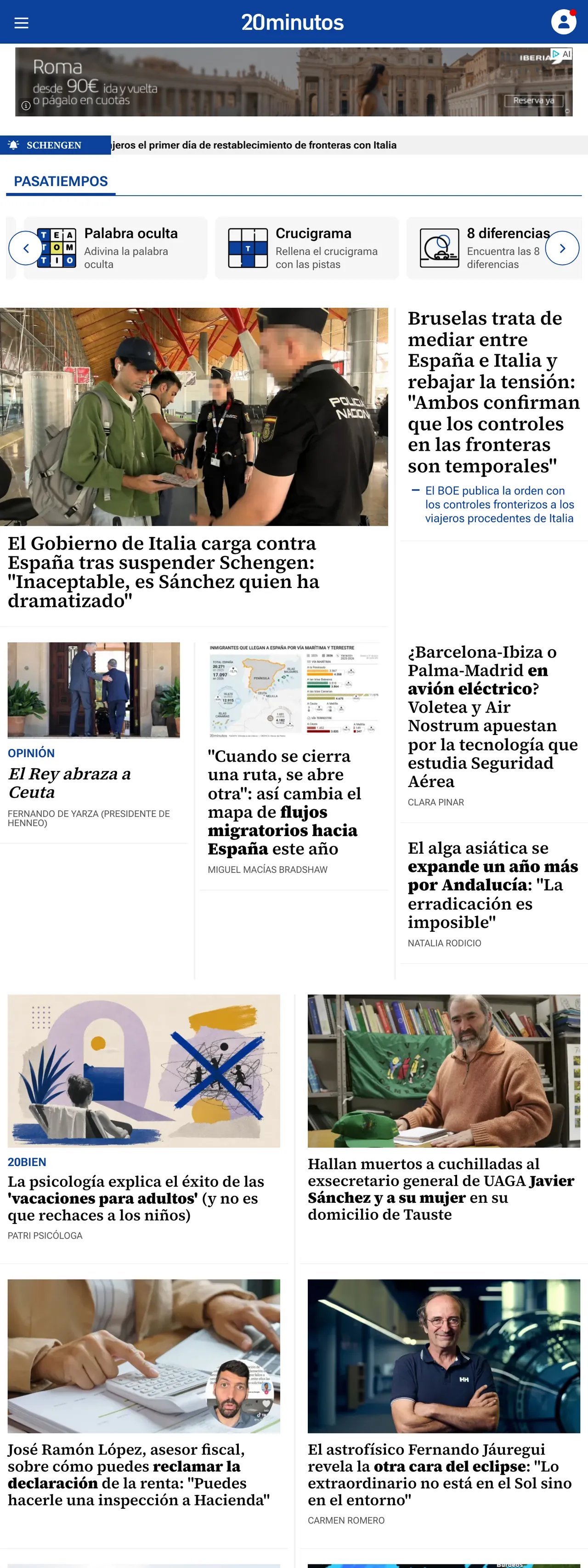 Screenshot of the 20minutos front page