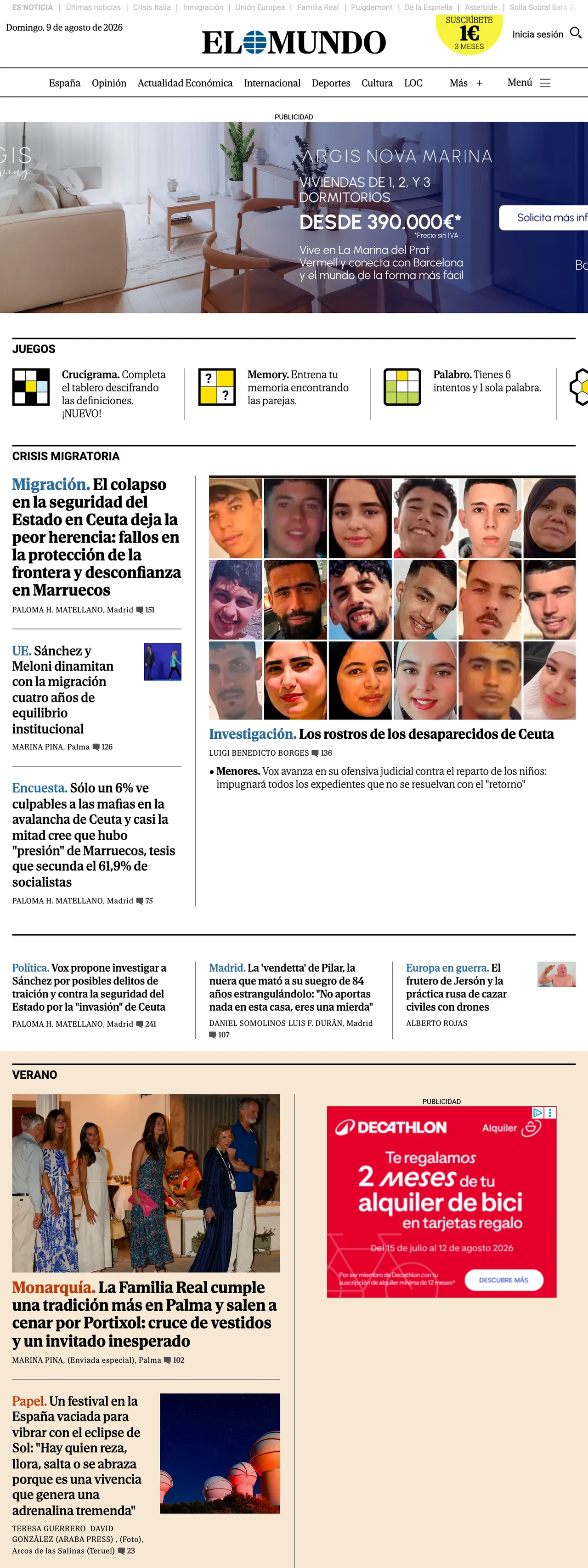 Screenshot of the El Mundo front page