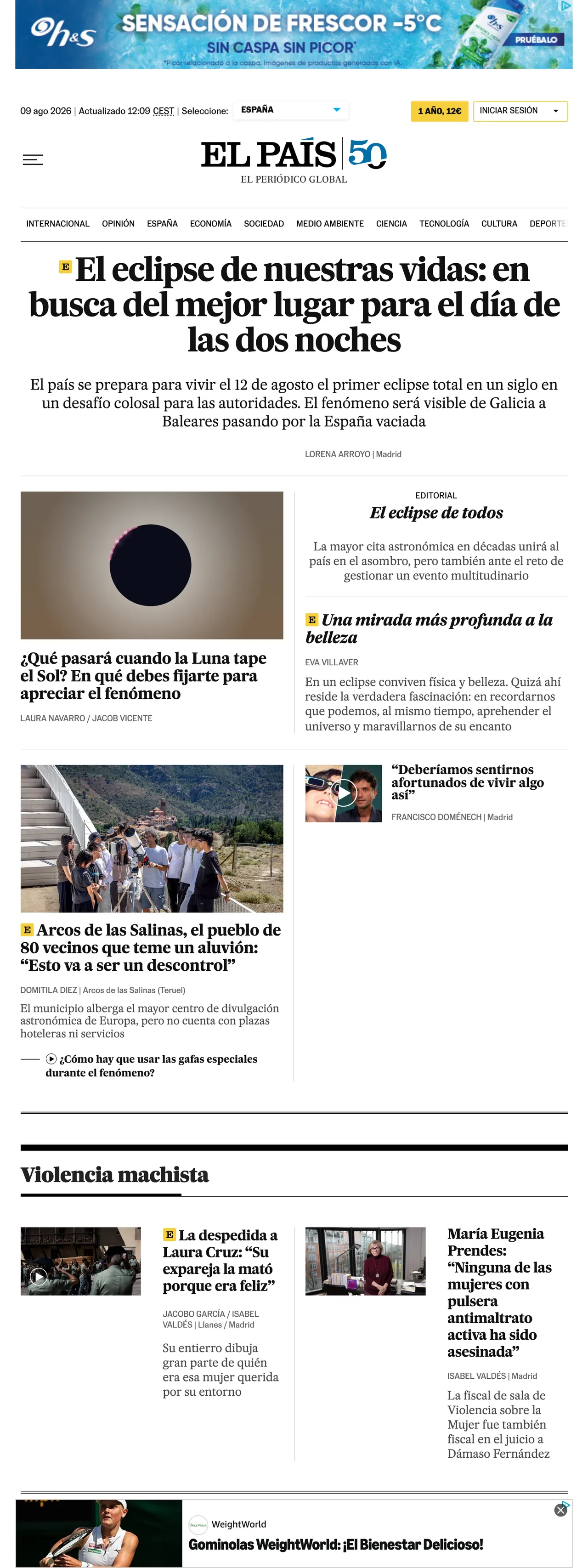 Screenshot of the EL PAÍS front page
