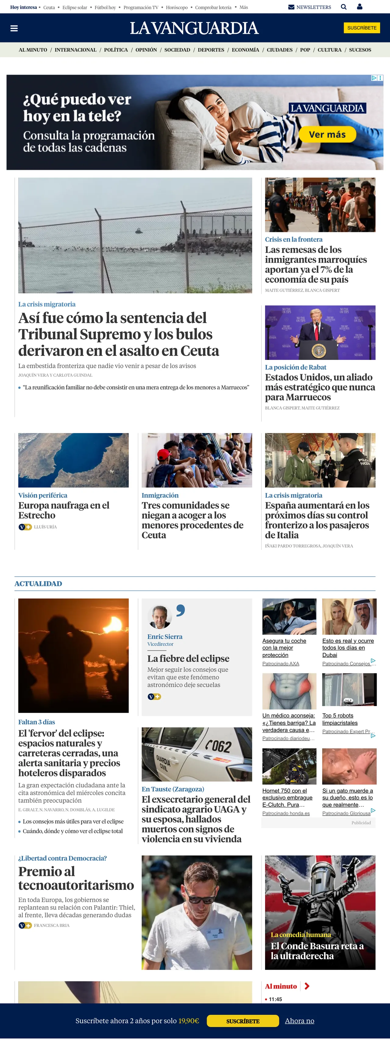 Screenshot of the La Vanguardia front page