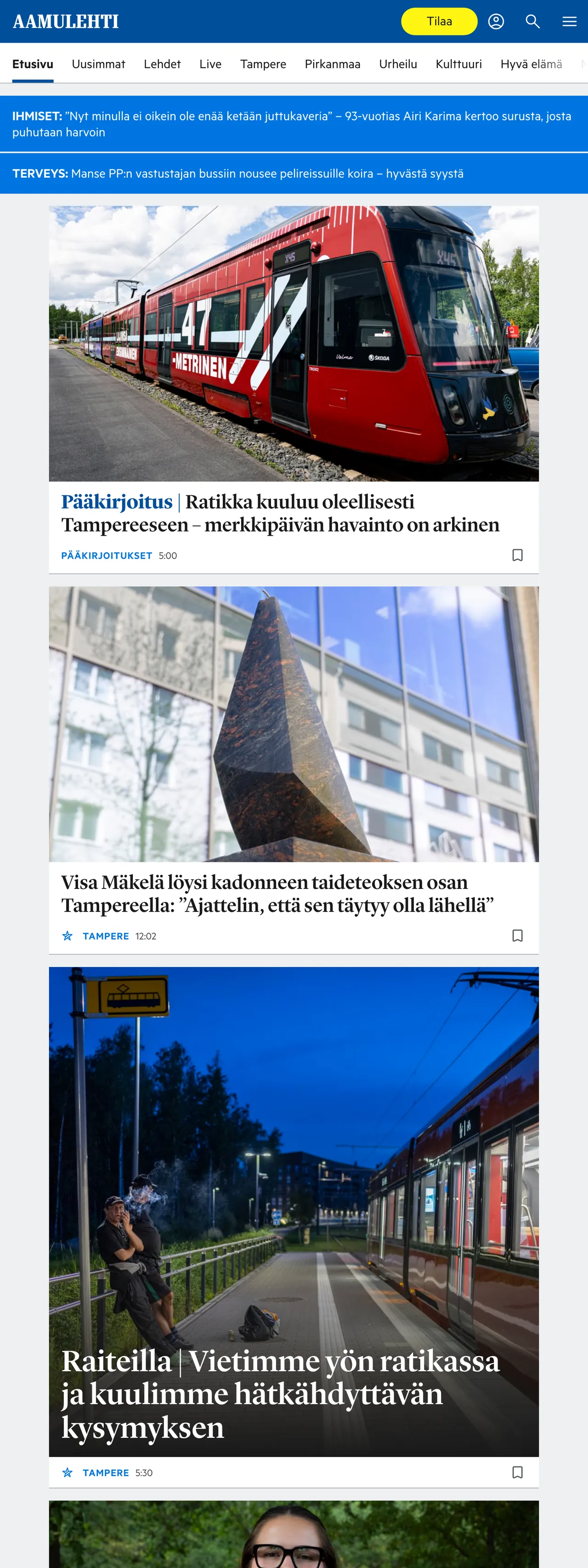 Screenshot of the Aamulehti front page