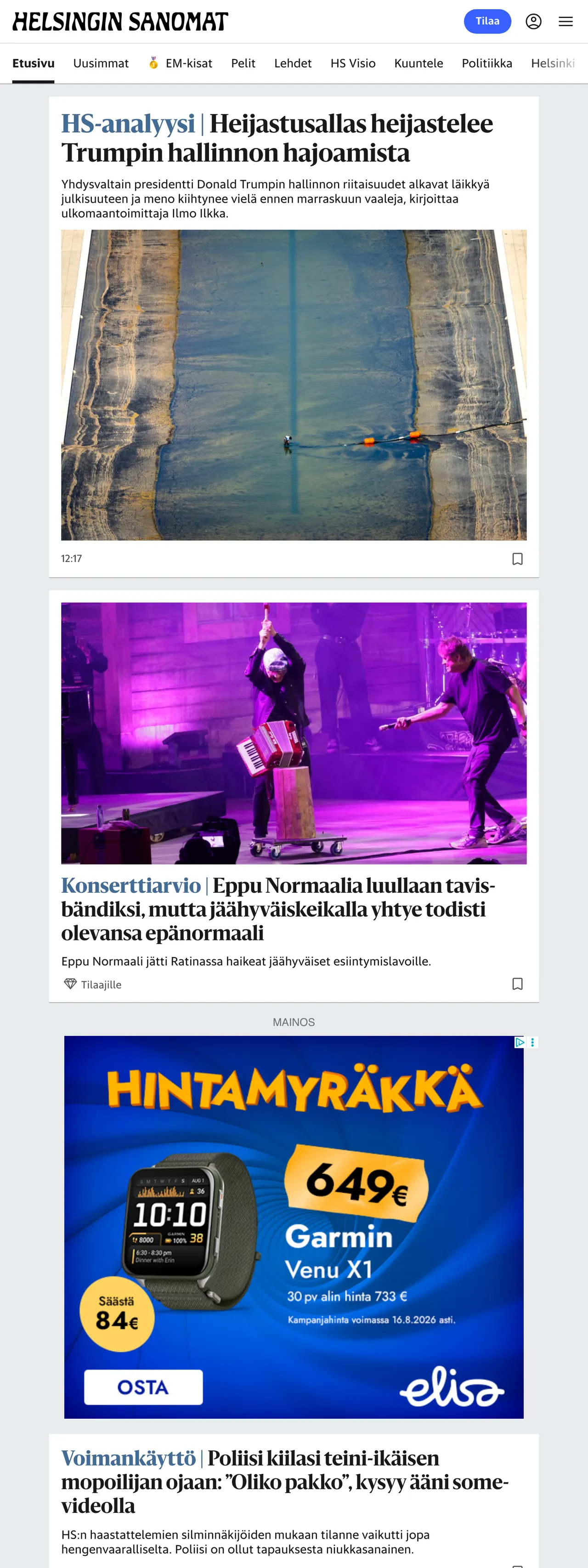 Screenshot of the Helsingin Sanomat front page