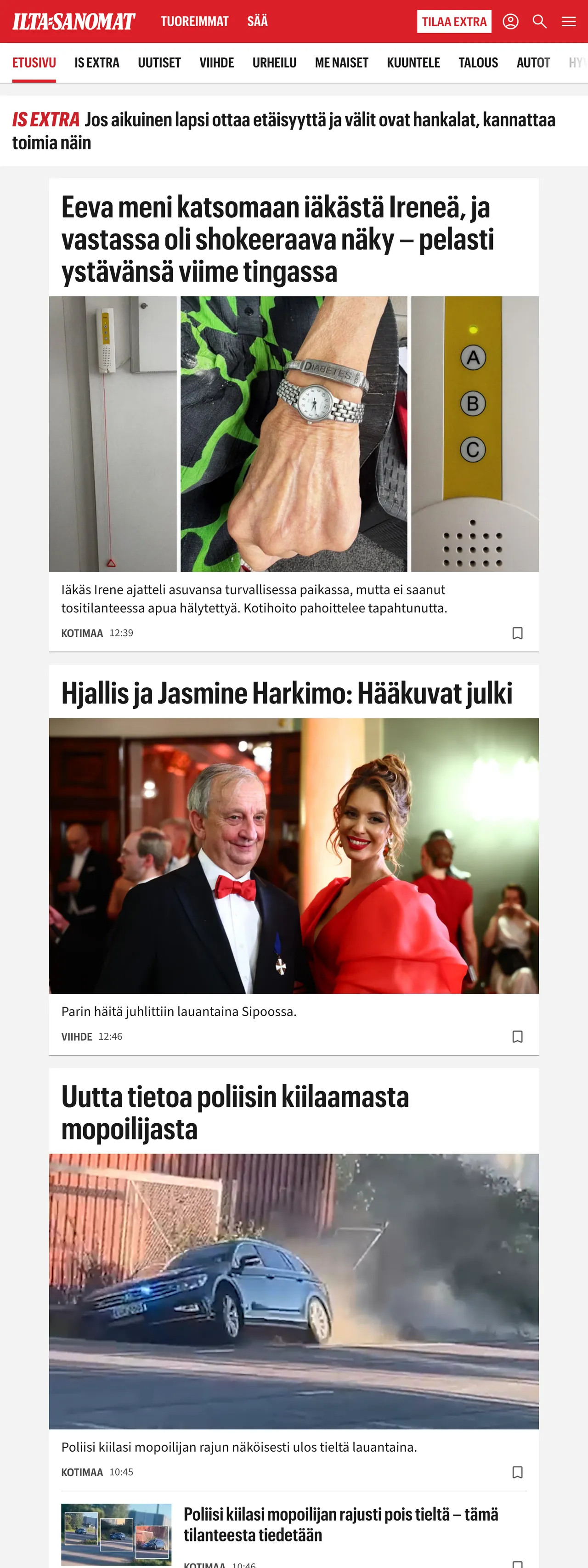 Screenshot of the Ilta-Sanomat front page