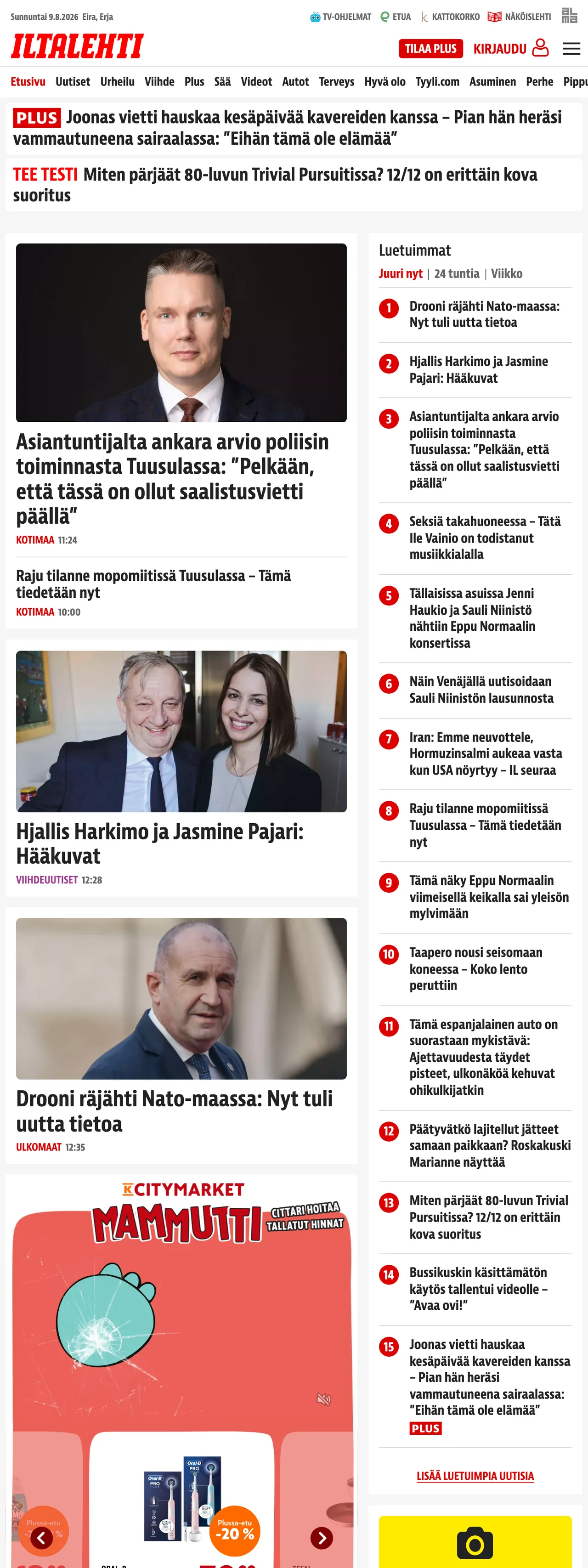 Screenshot of the Iltalehti front page