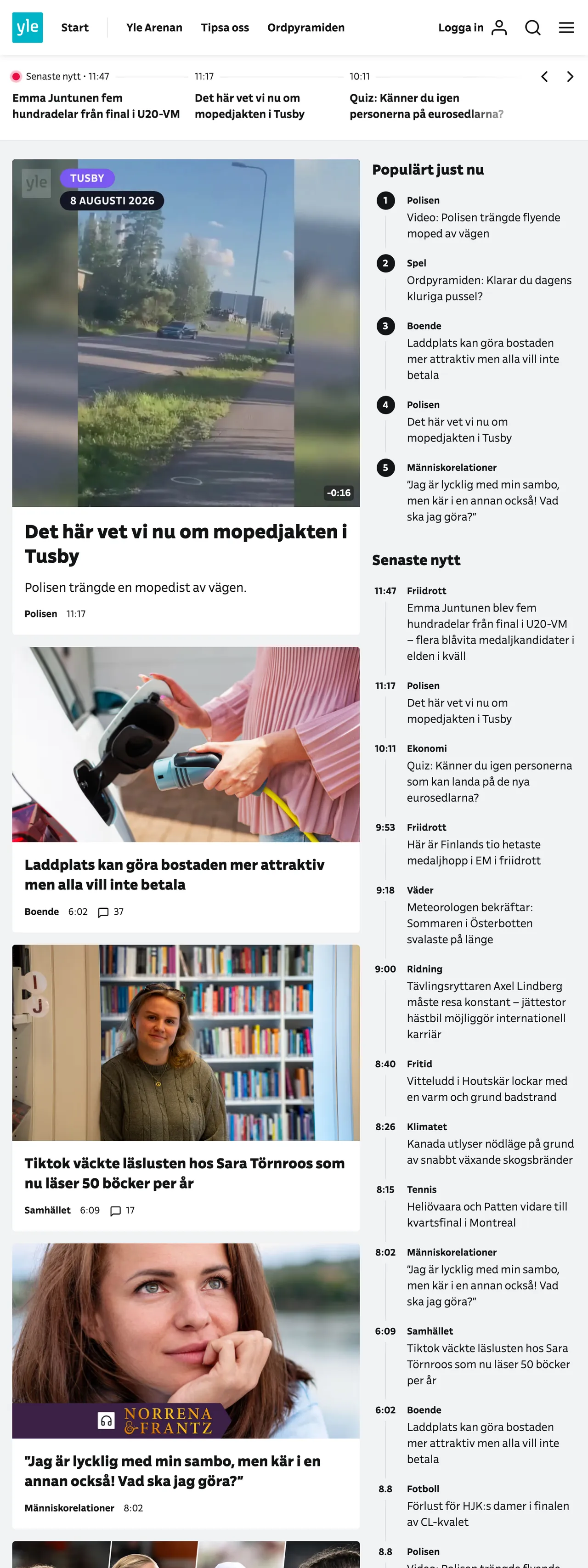 Screenshot of the Svenska Yle front page