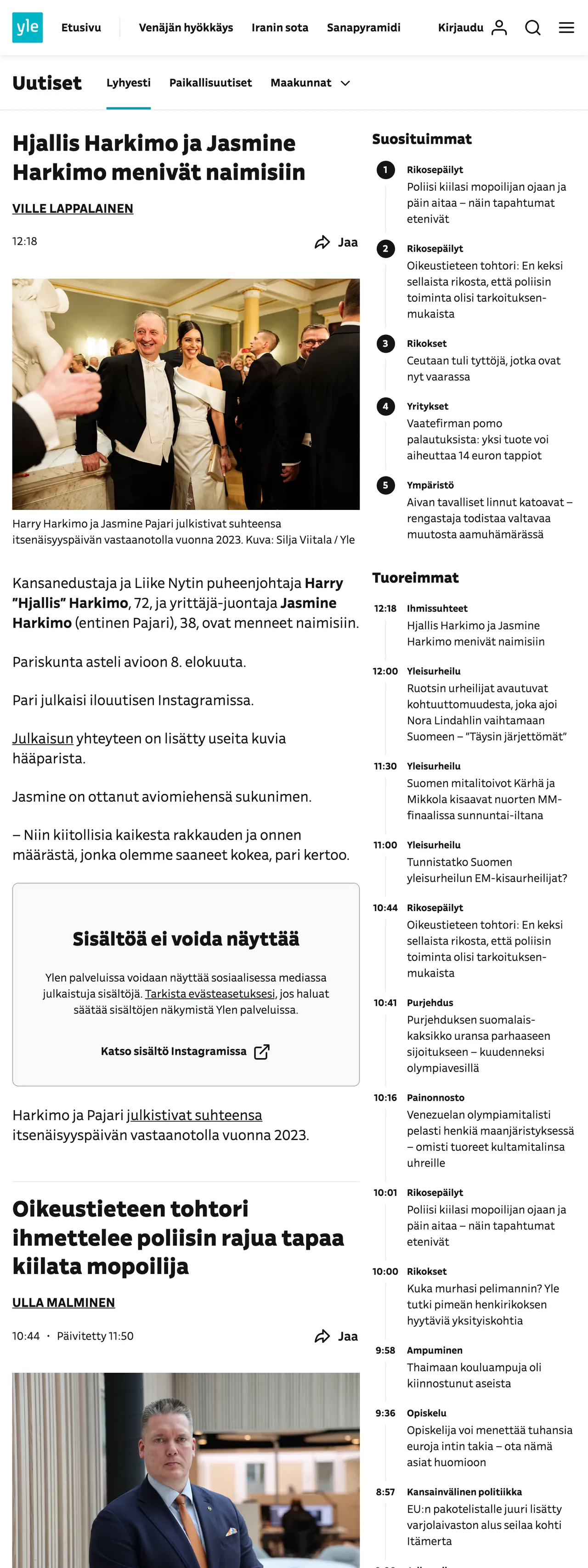Screenshot of the Yle front page