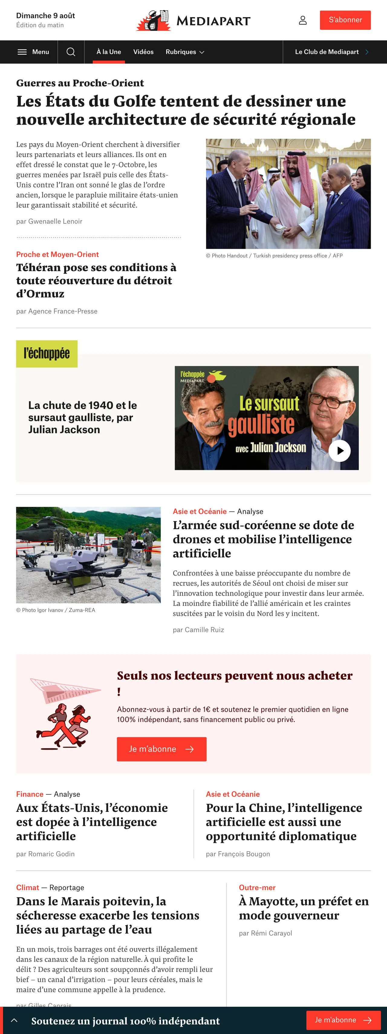 Screenshot of the Mediapart front page