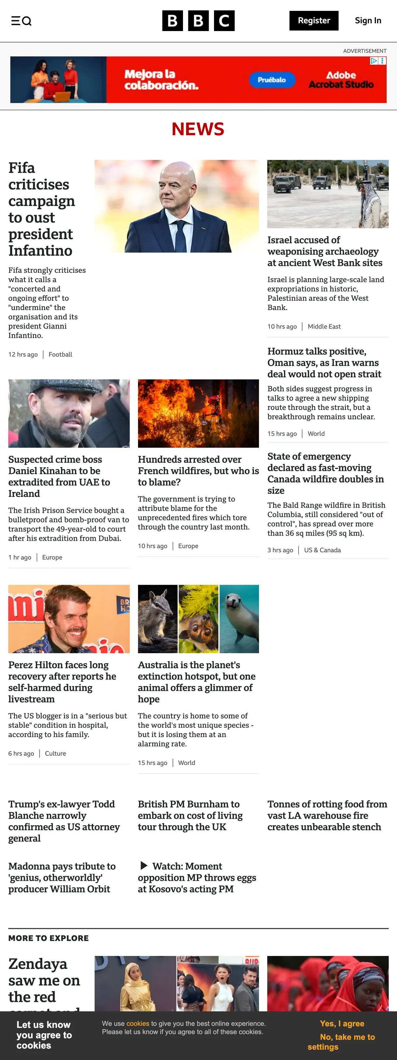 Screenshot of the BBC News front page