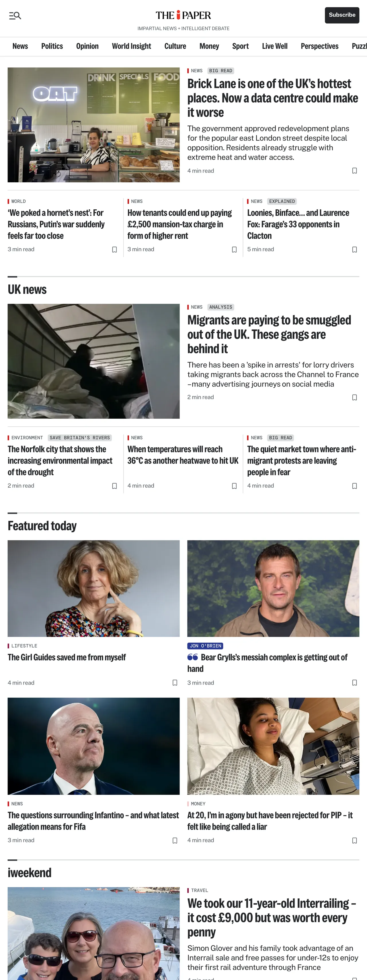 Screenshot of the The i Paper front page