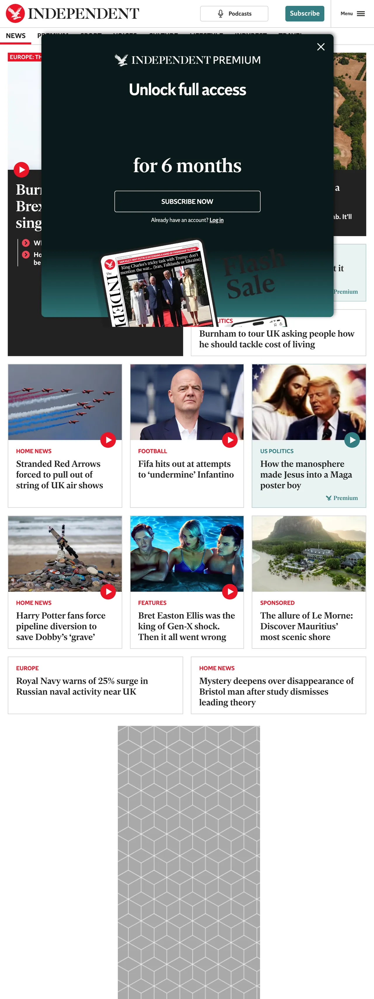 Screenshot of the The Independent front page