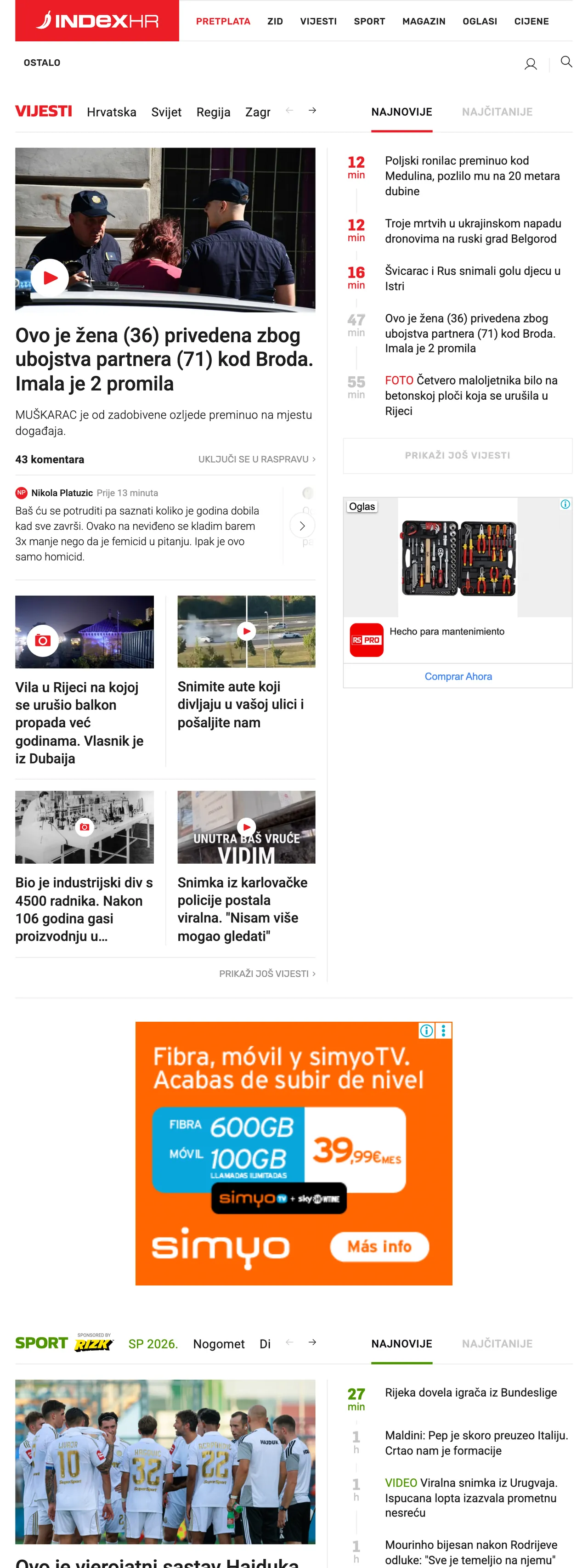 Screenshot of the Index.hr front page