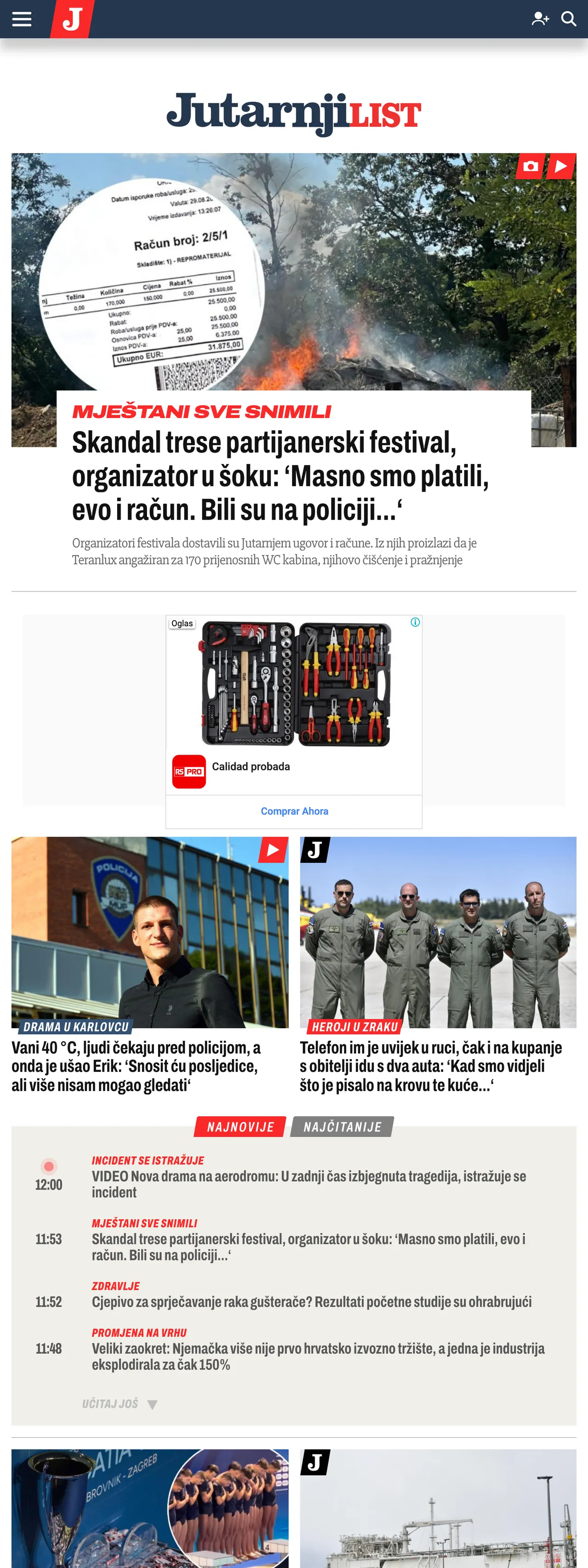 Screenshot of the Jutarnji list front page