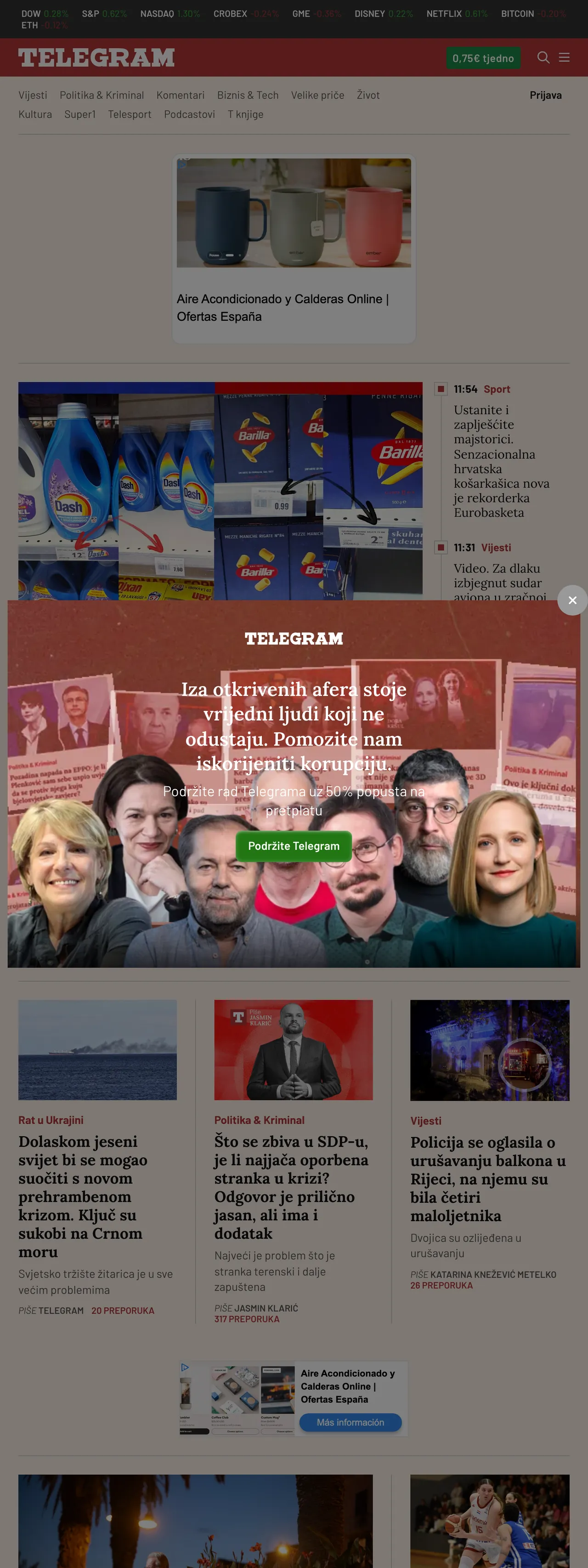 Screenshot of the Telegram.hr front page