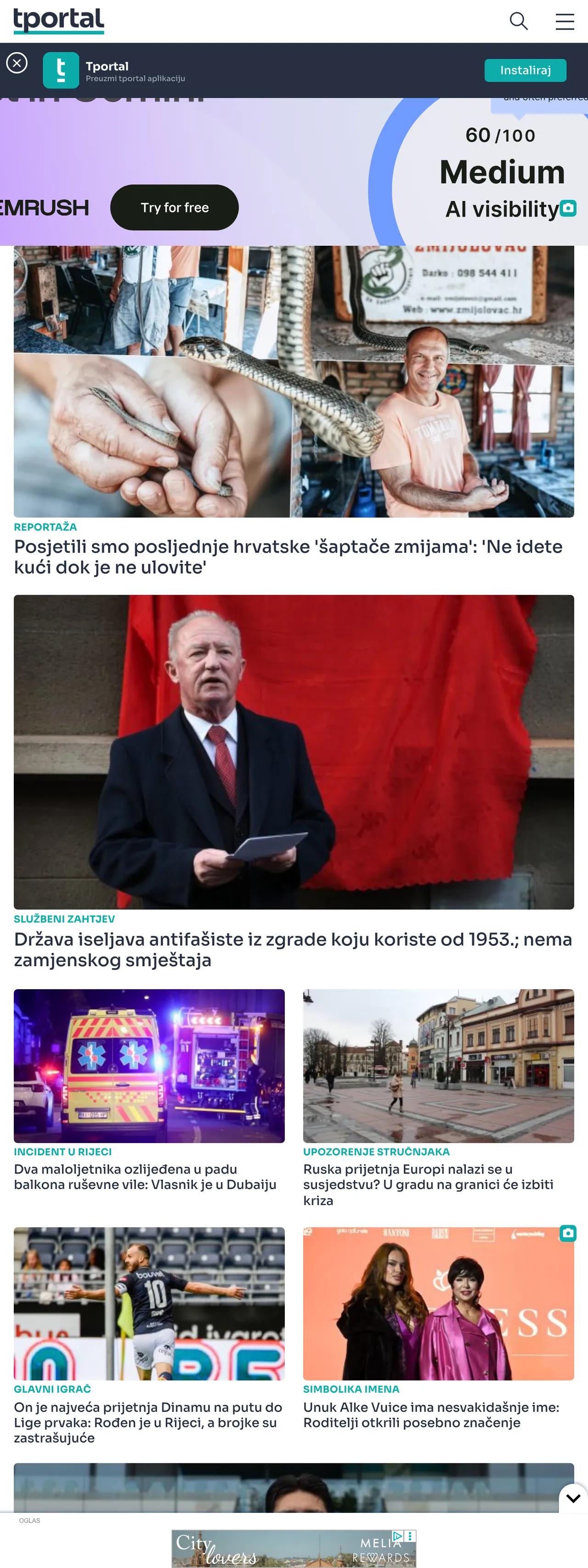 Screenshot of the tportal front page