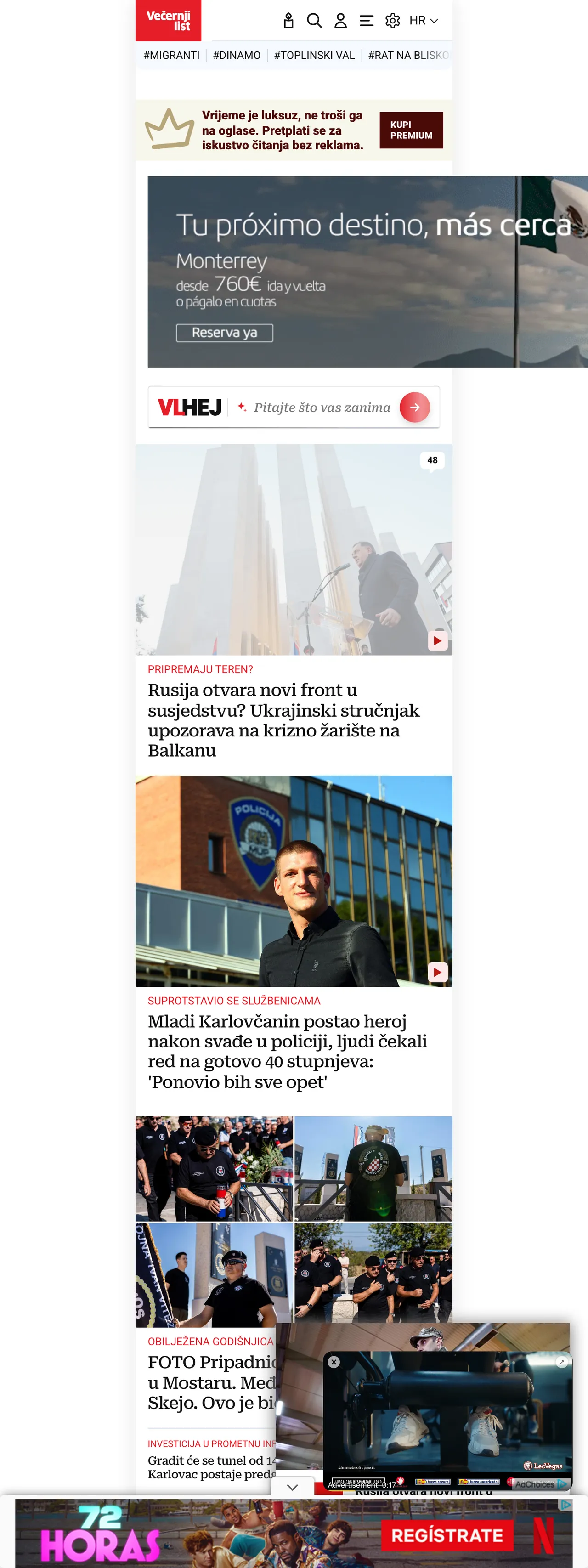 Screenshot of the Večernji list front page