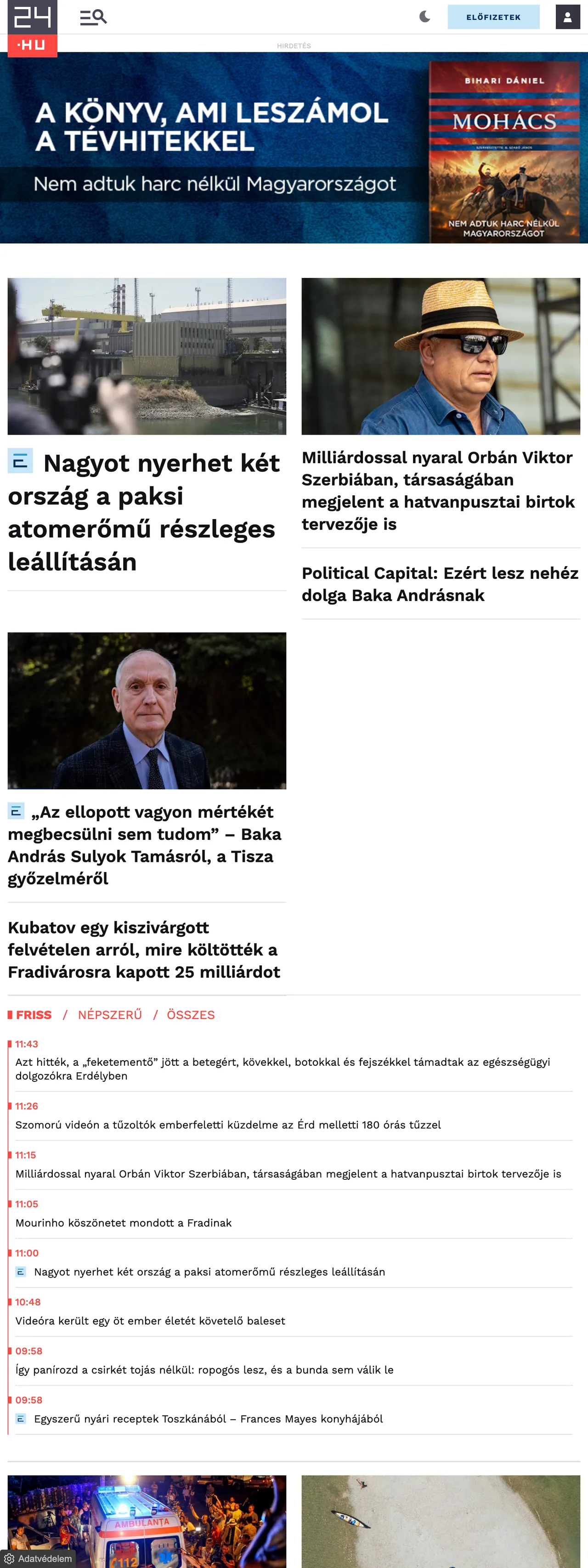 Screenshot of the 24.hu front page