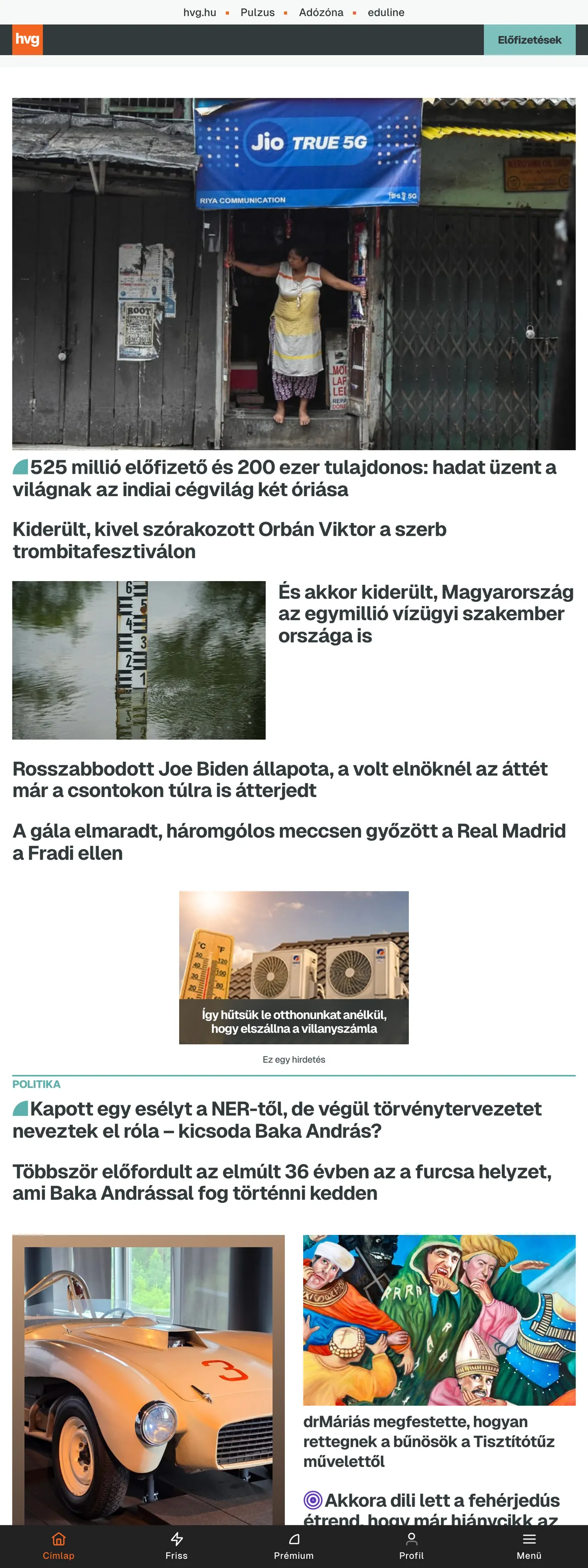 Screenshot of the HVG front page