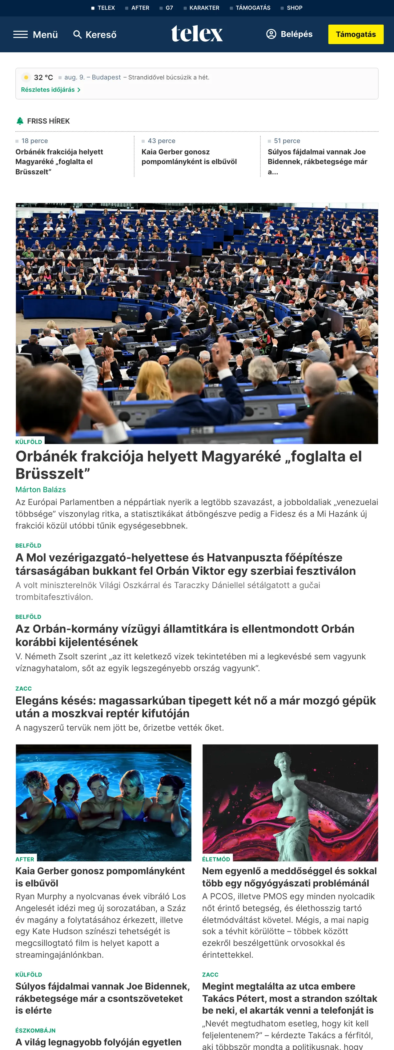 Screenshot of the Telex front page