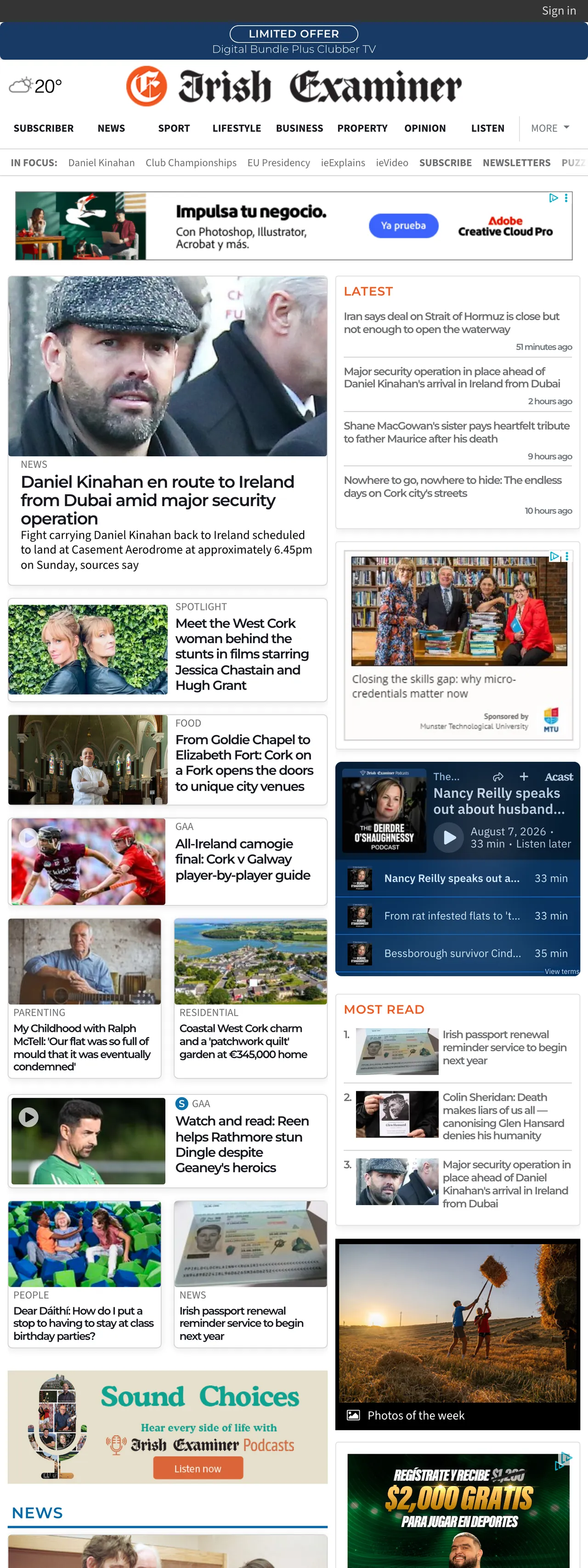 Screenshot of the Irish Examiner front page