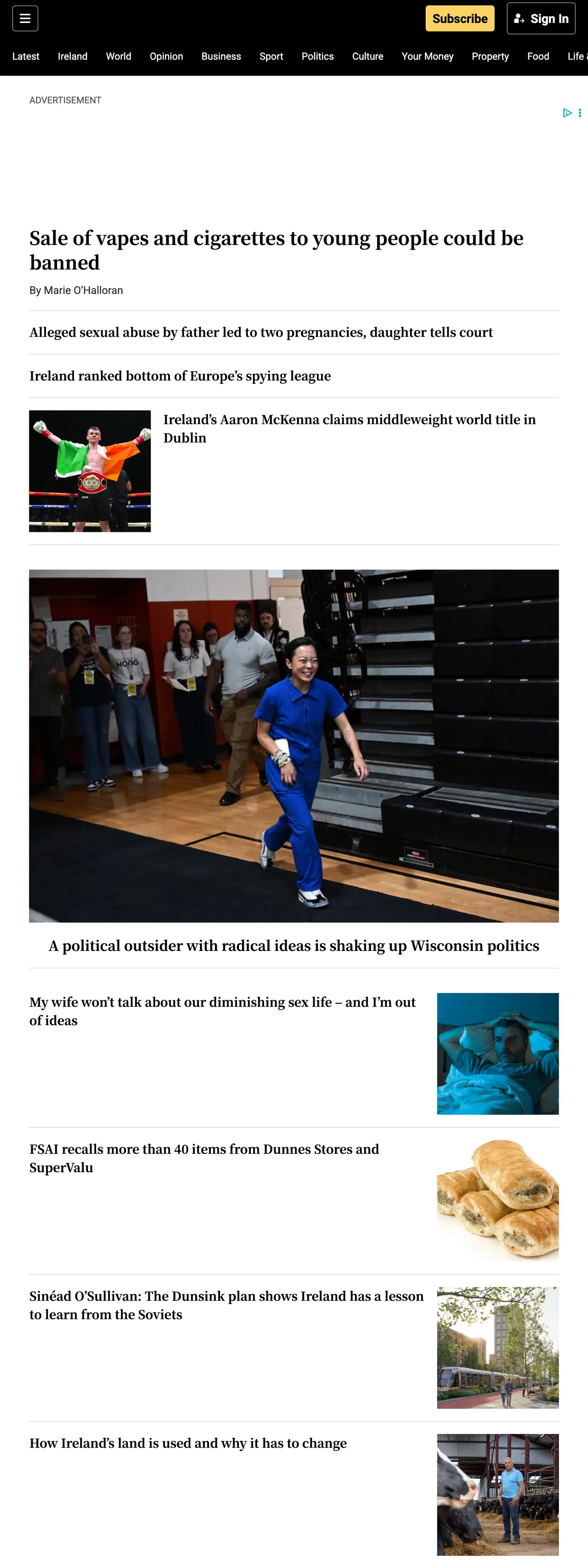 Screenshot of the The Irish Times front page
