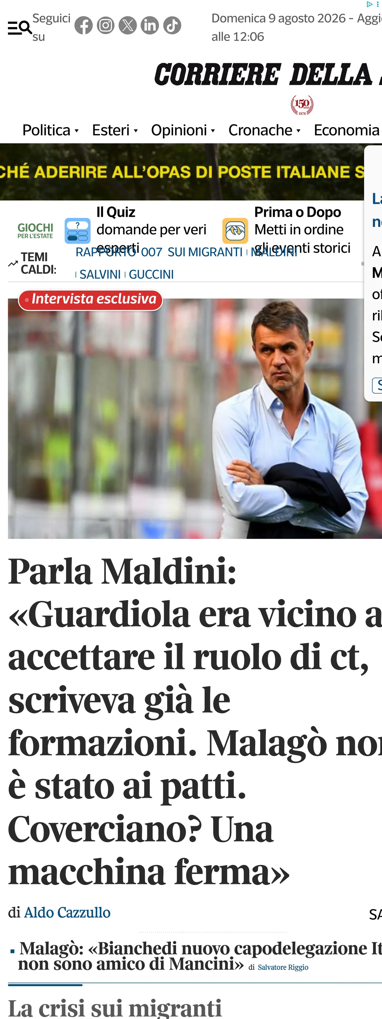 Screenshot of the Corriere della Sera front page