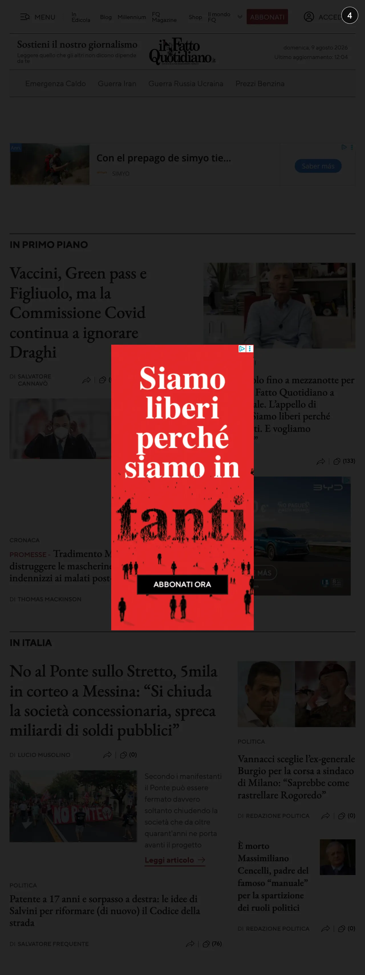 Screenshot of the Il Fatto Quotidiano front page