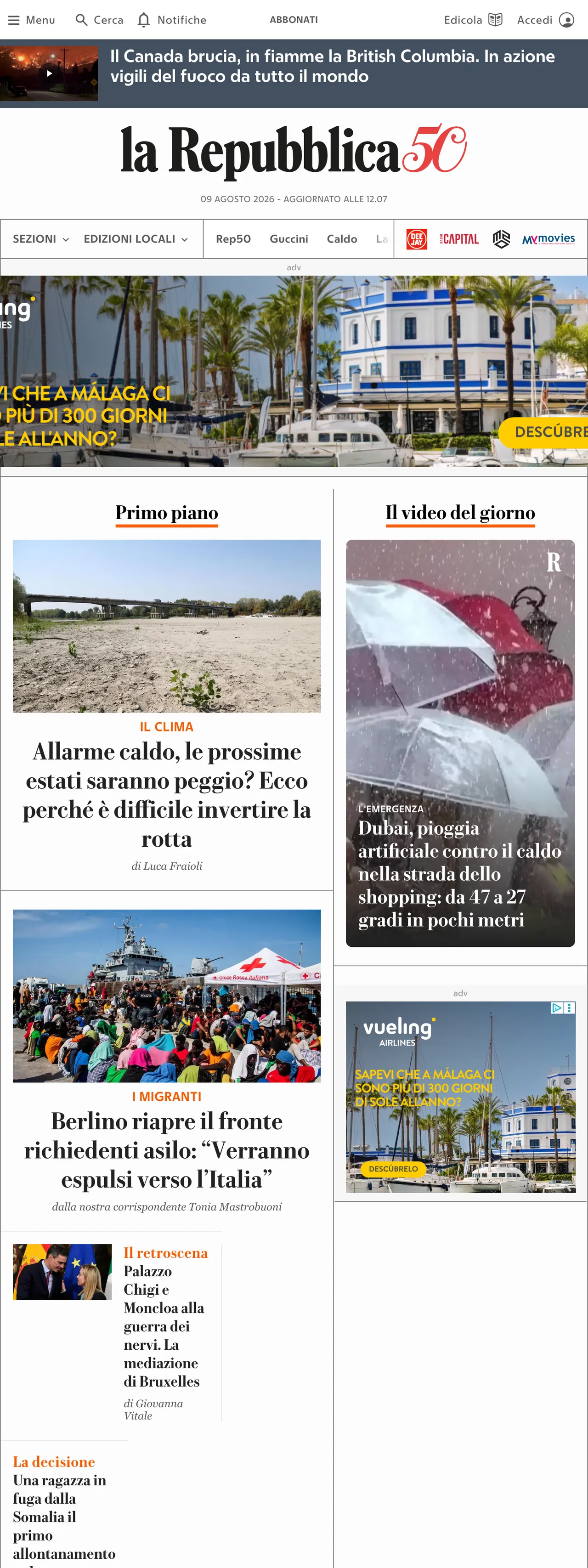 Screenshot of the la Repubblica front page