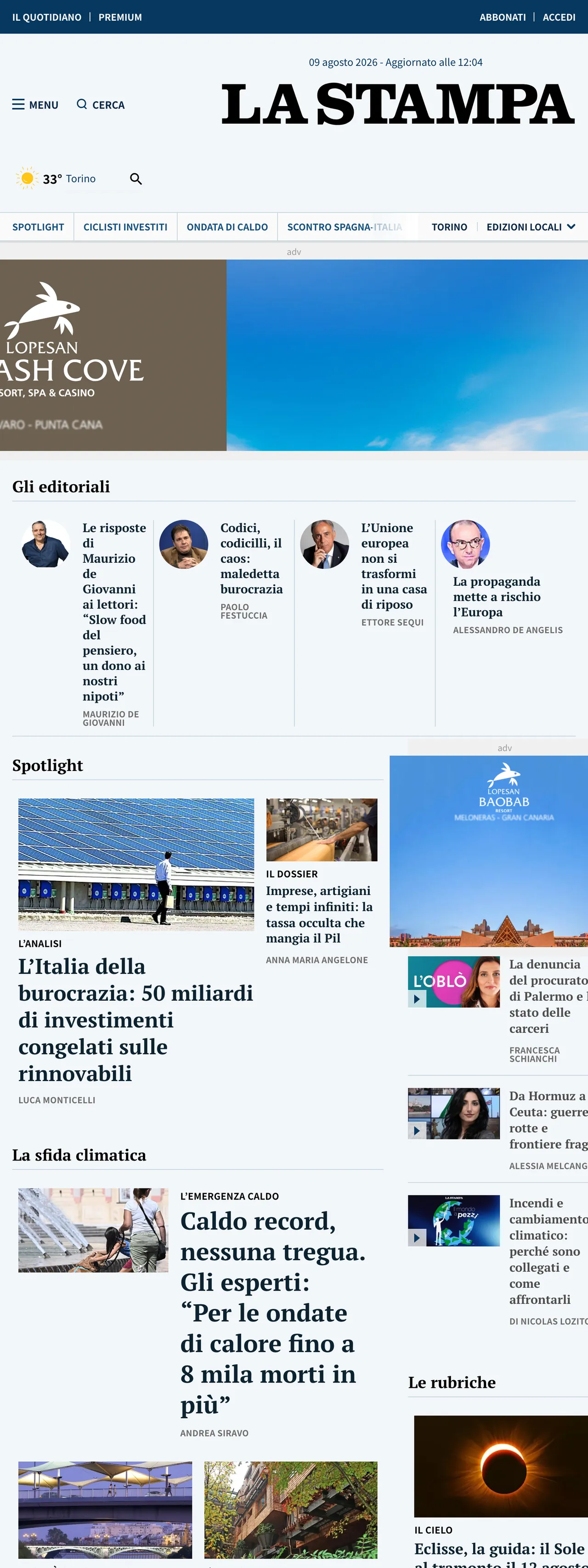 Screenshot of the La Stampa front page