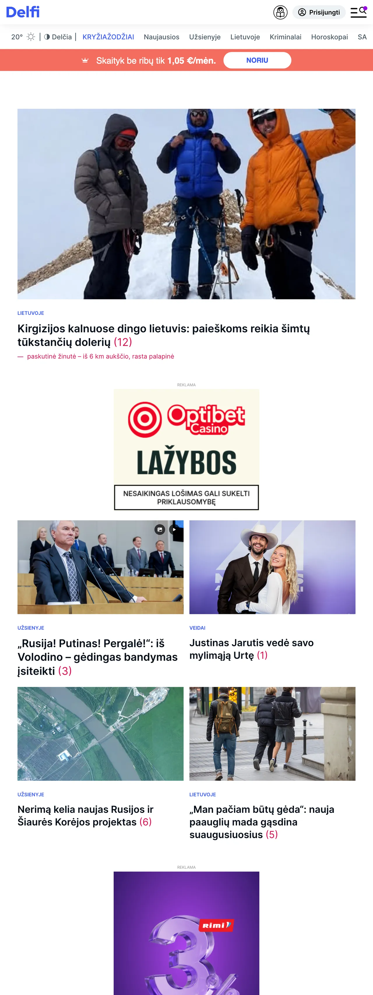 Screenshot of the Delfi front page