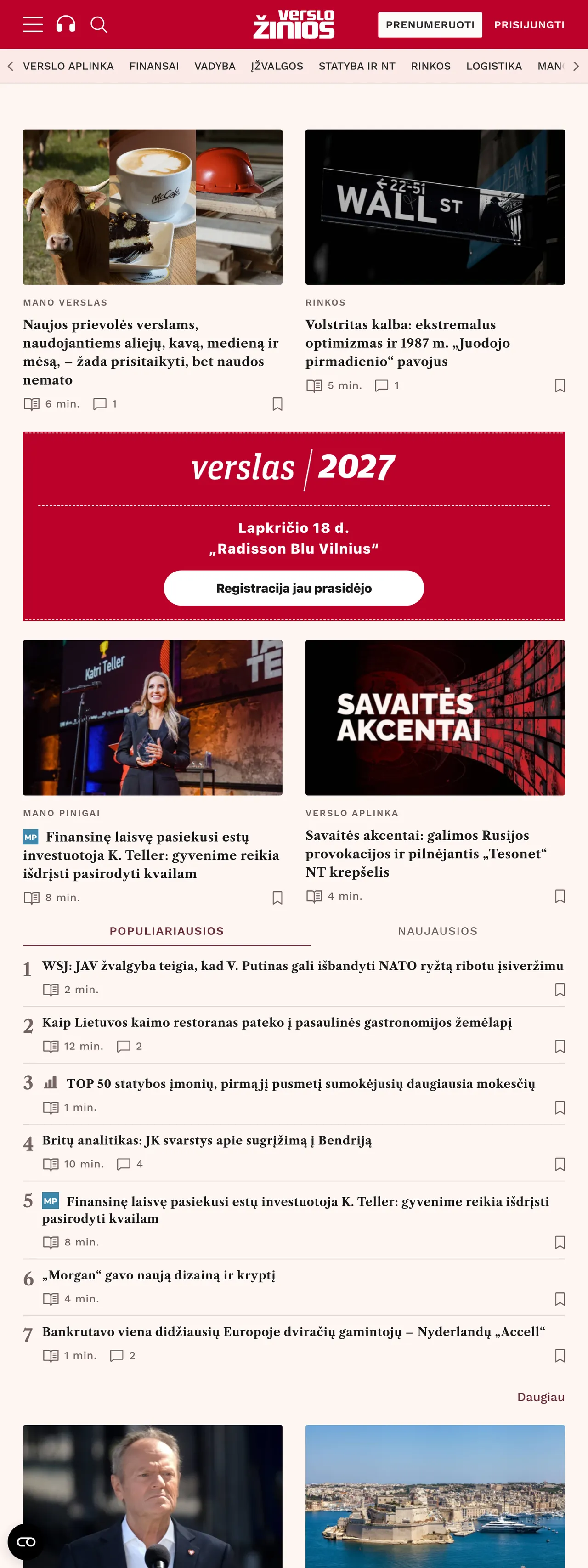 Screenshot of the Verslo žinios front page