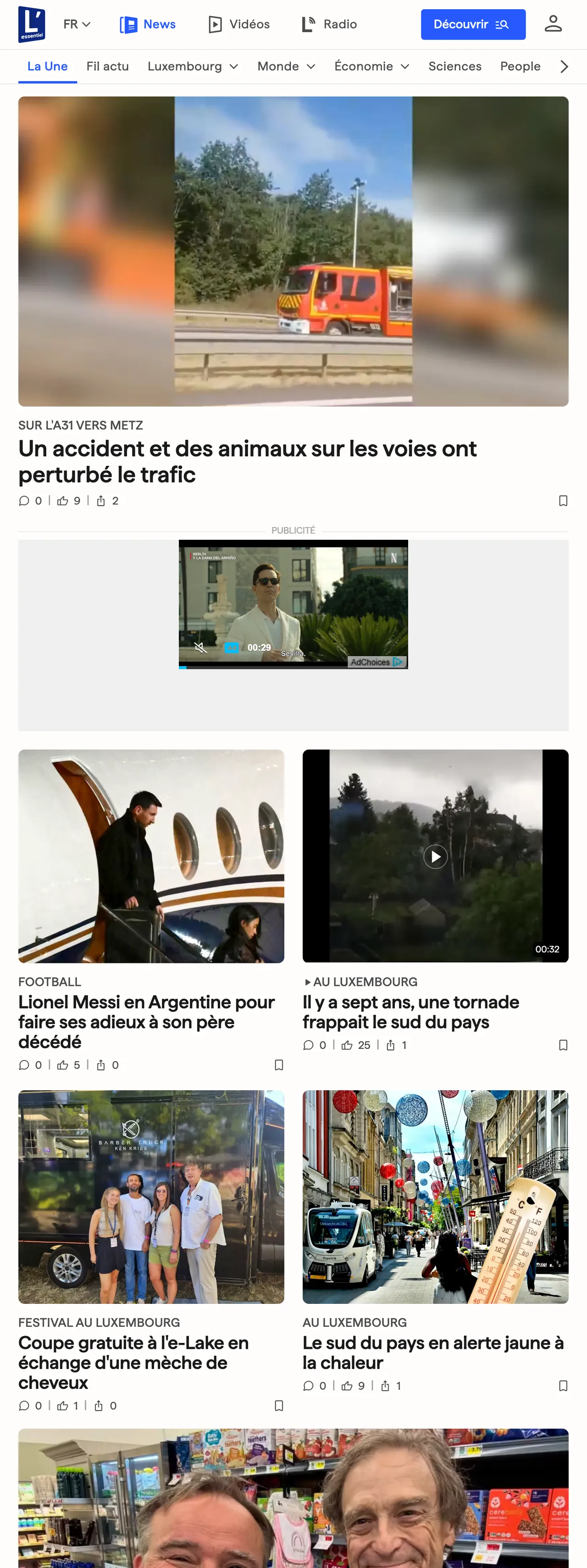 Screenshot of the L'essentiel front page