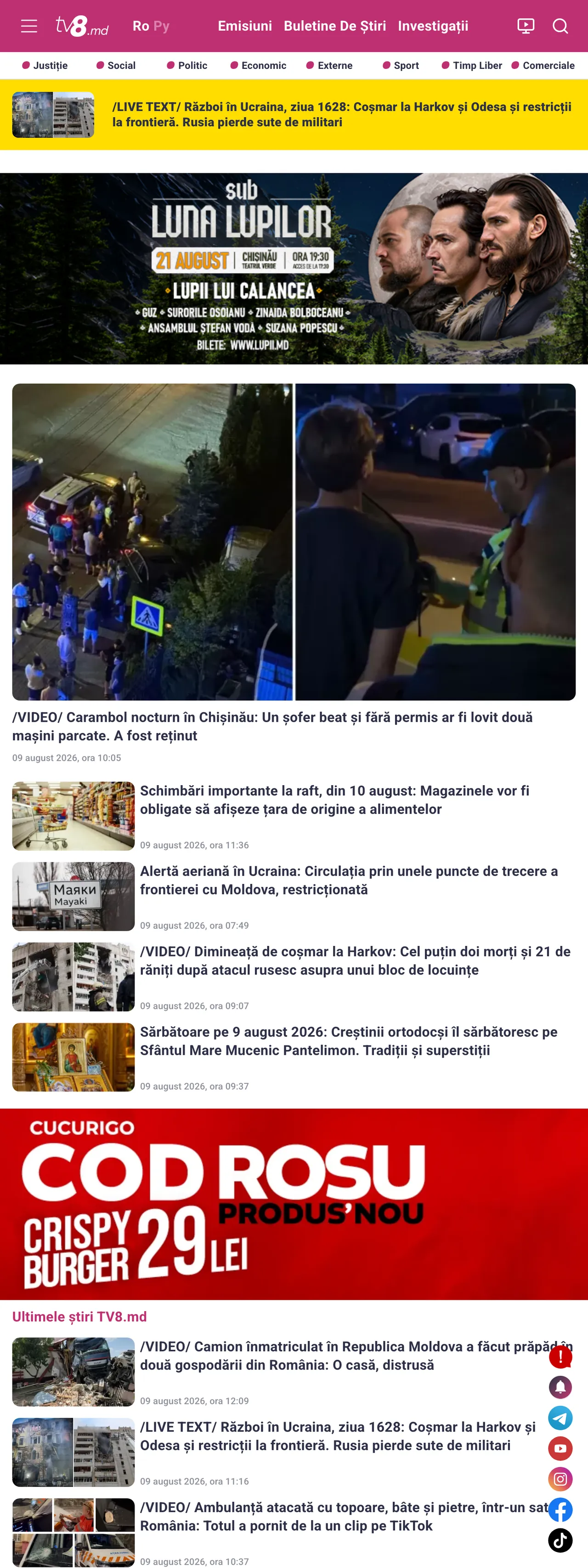 Screenshot of the TV8 front page