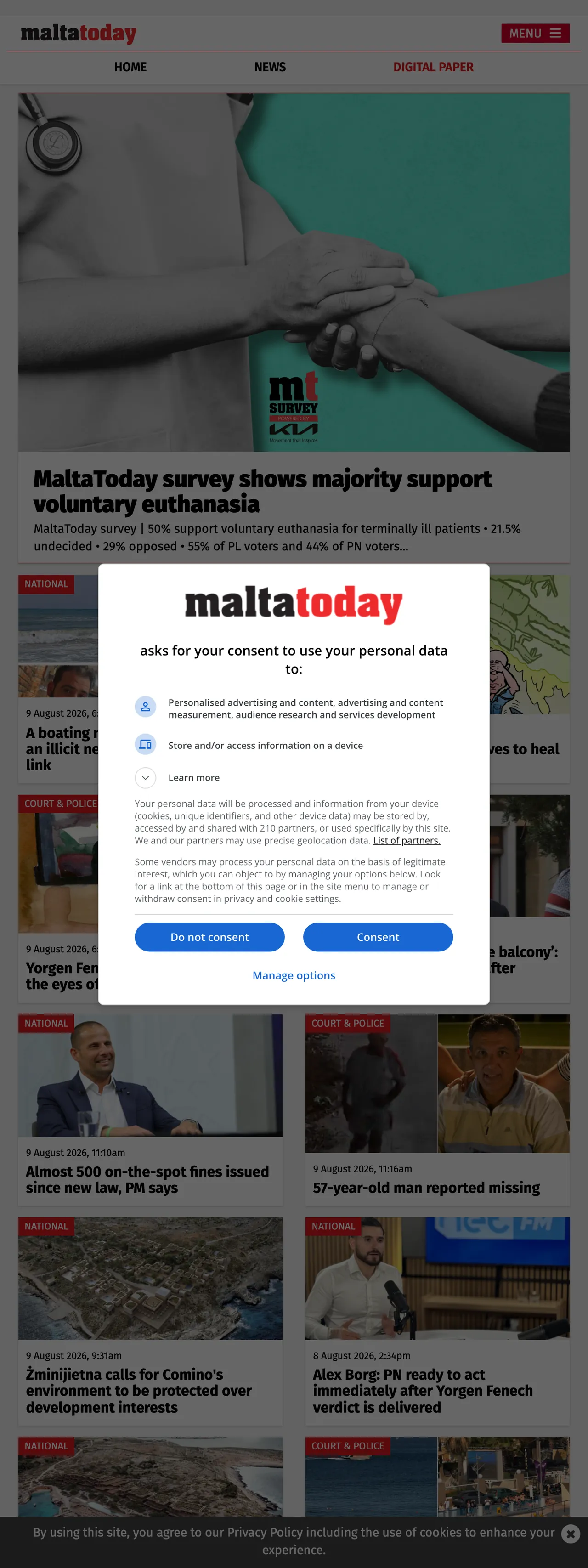 Screenshot of the Malta Today front page
