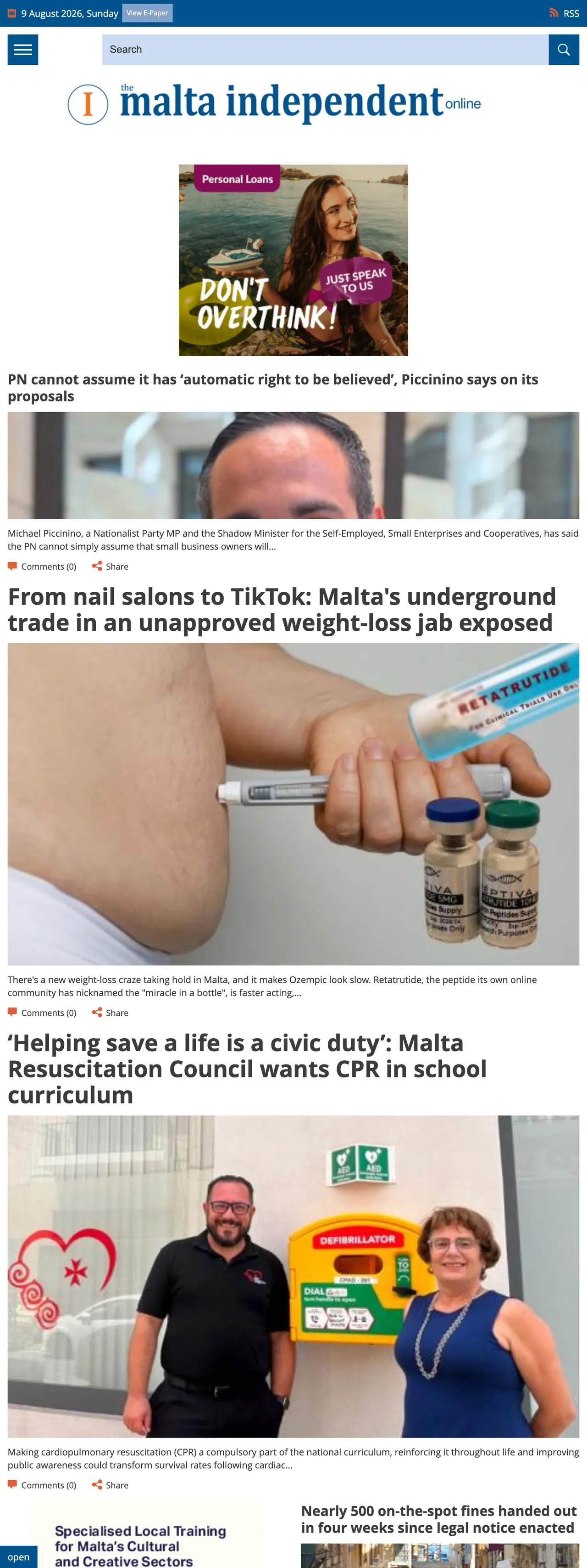 Screenshot of the The Malta Independent front page