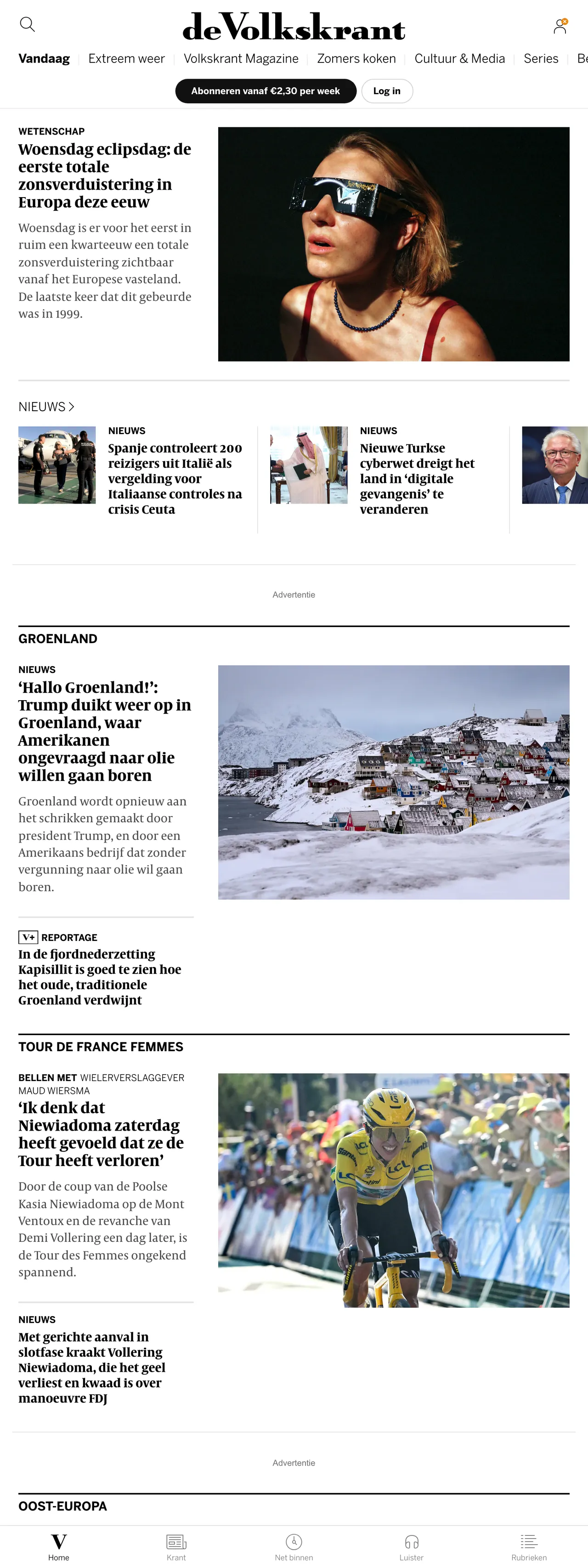 Screenshot of the de Volkskrant front page