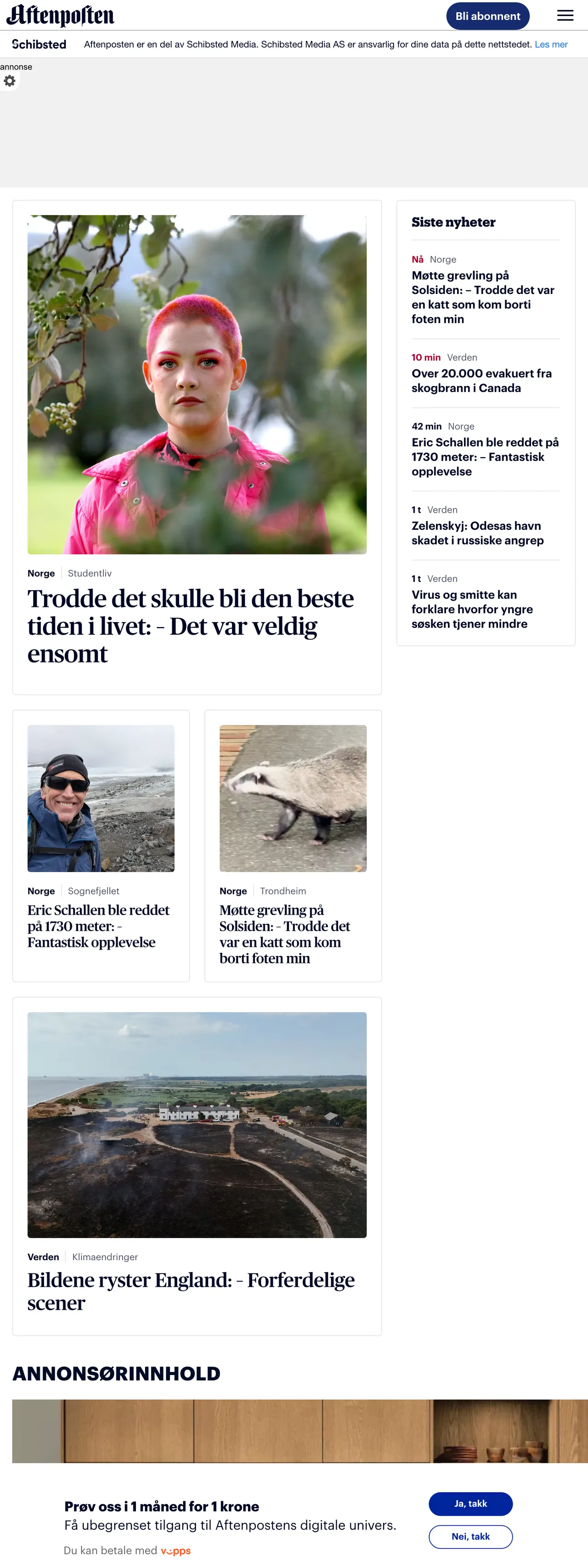 Screenshot of the Aftenposten front page