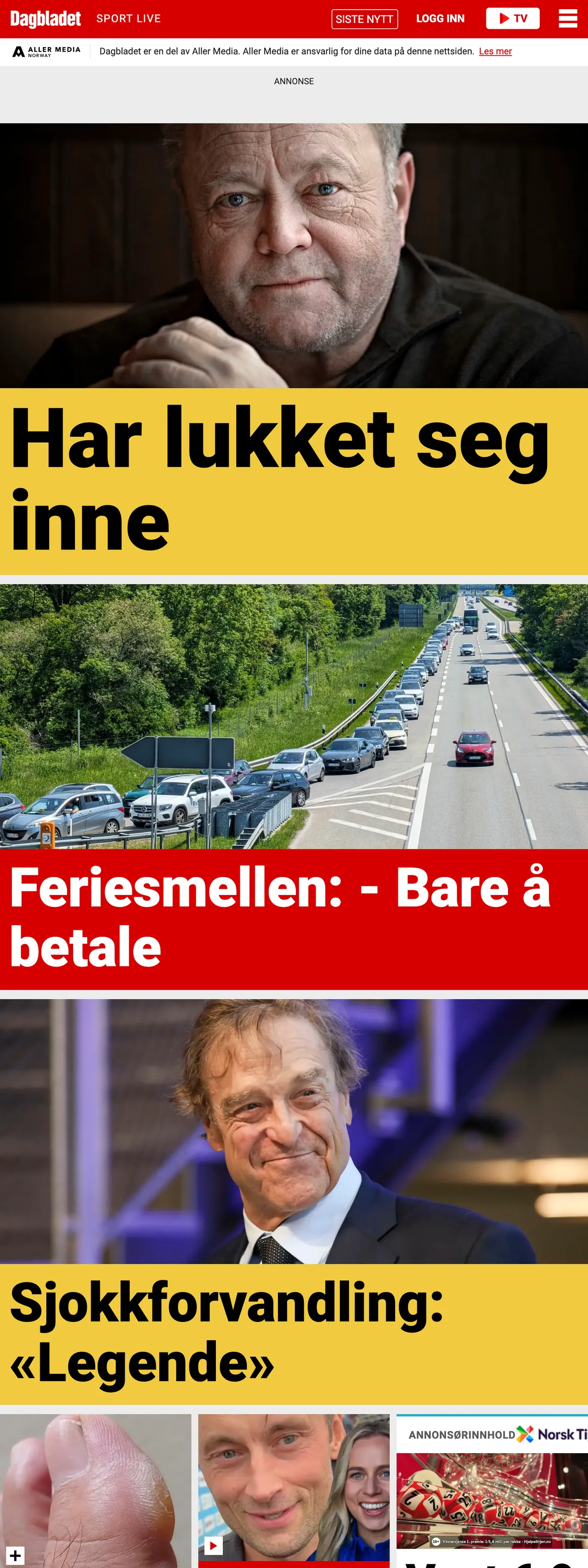 Screenshot of the Dagbladet front page