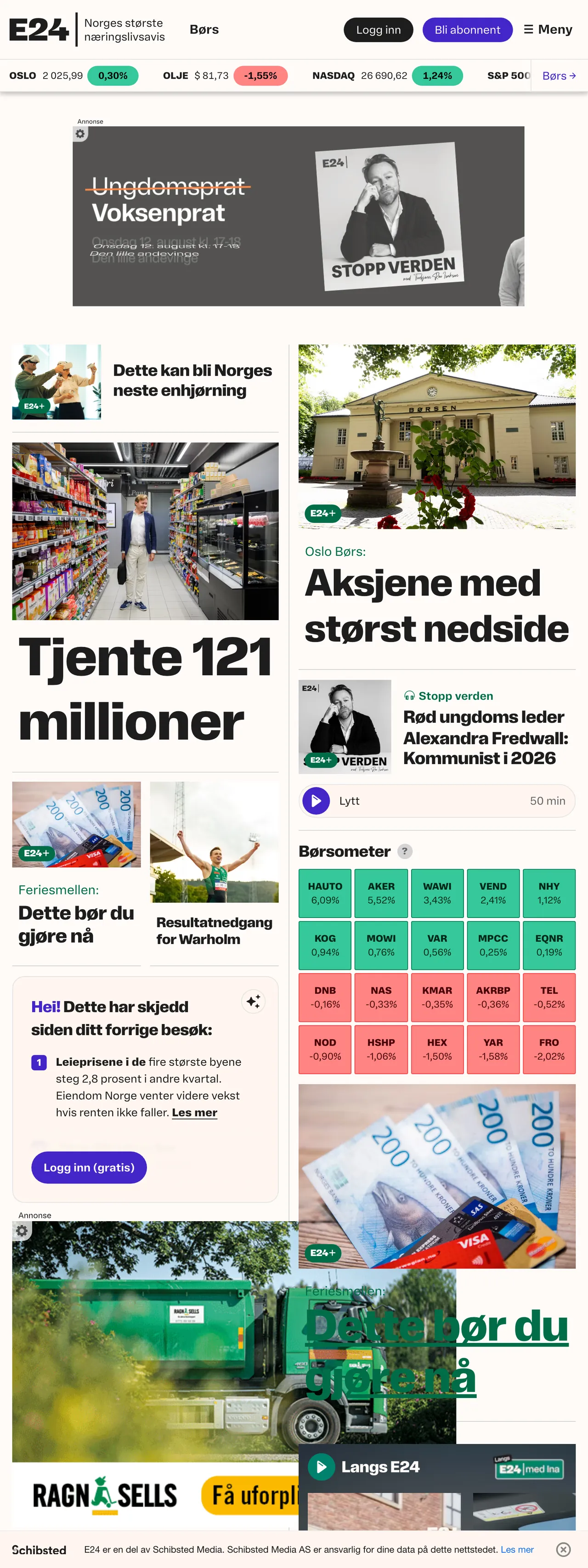 Screenshot of the E24 front page