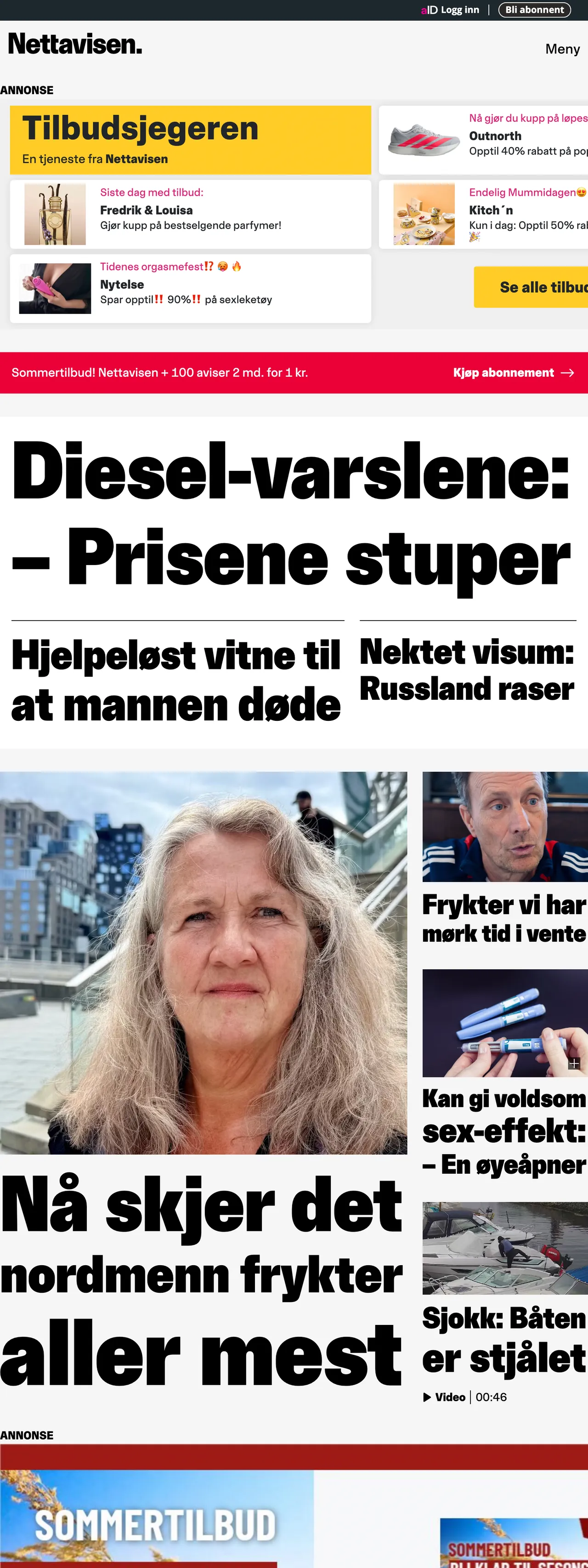 Screenshot of the Nettavisen front page